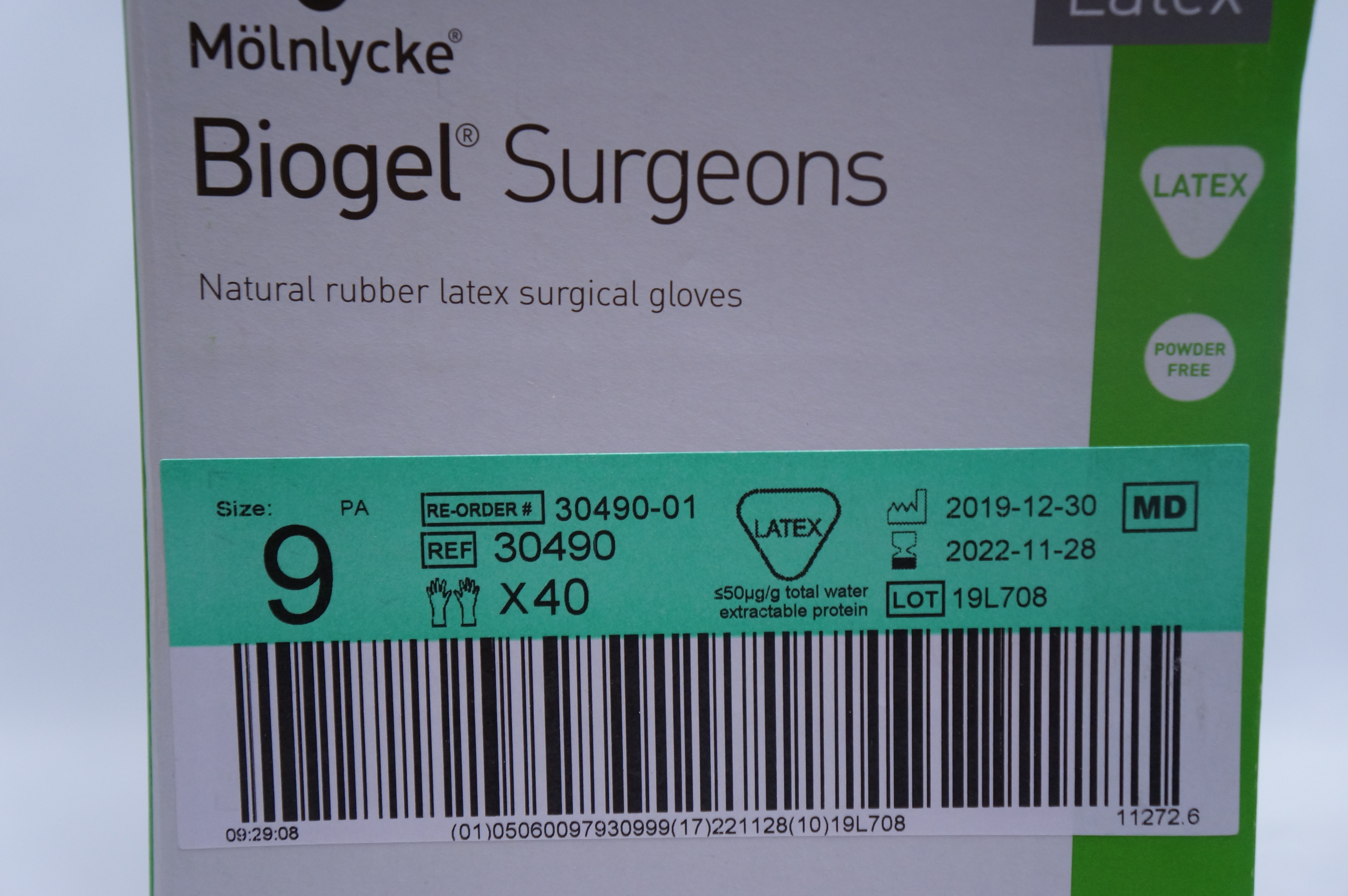 Molnlycke 30490 Biogel Surgeons Natural Rubber Latex Surgical Gloves 9-Box of 40