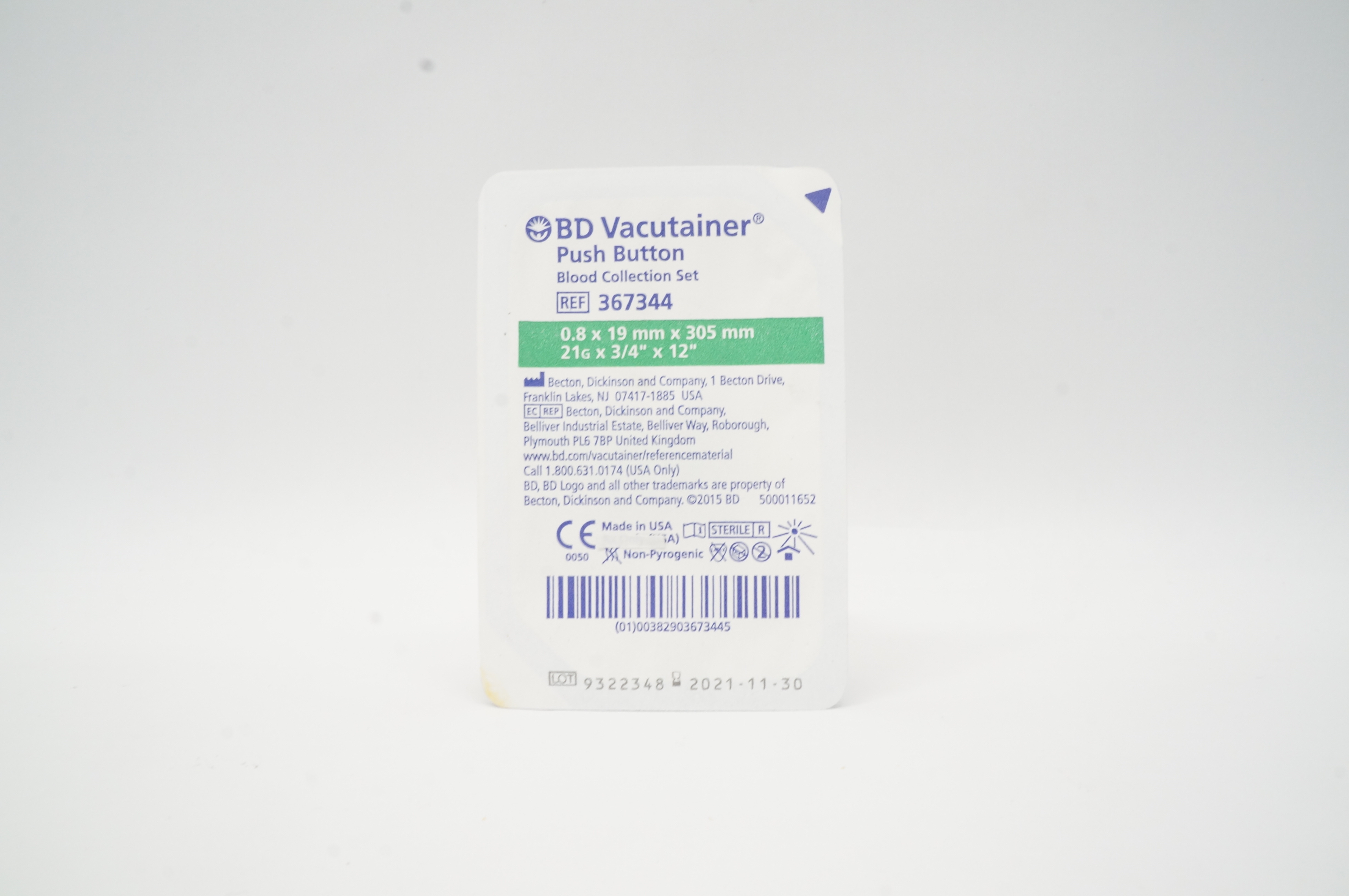 BD 367344 Vacutainer Push Button Blood Collection Set 21G x 3/4inch x 12inch (x)