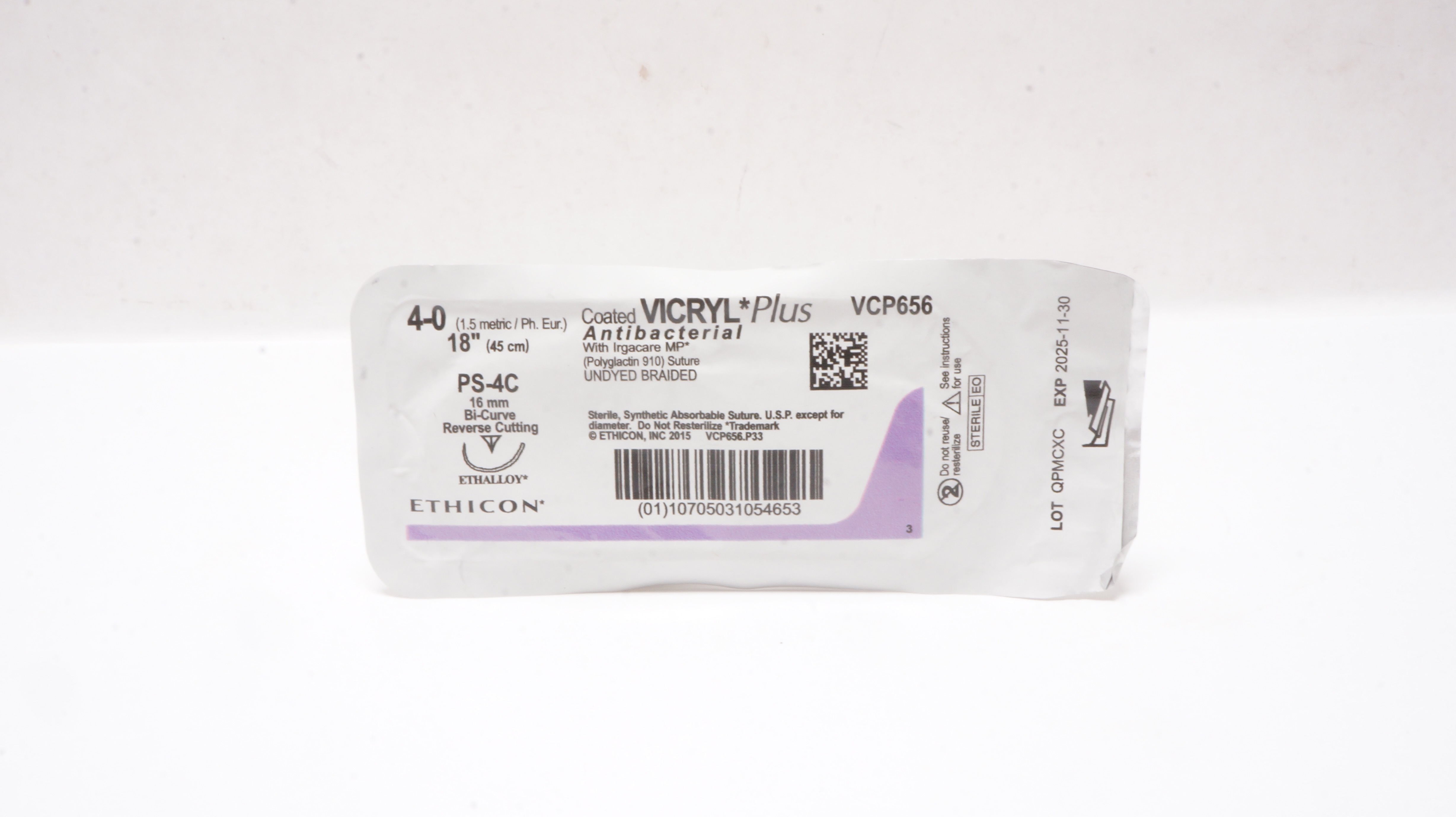 Ethicon VCP656 4-0 Vicryl Plus Stre PS-4C 16mm Bi-Curve Reverse Cutting 18inch