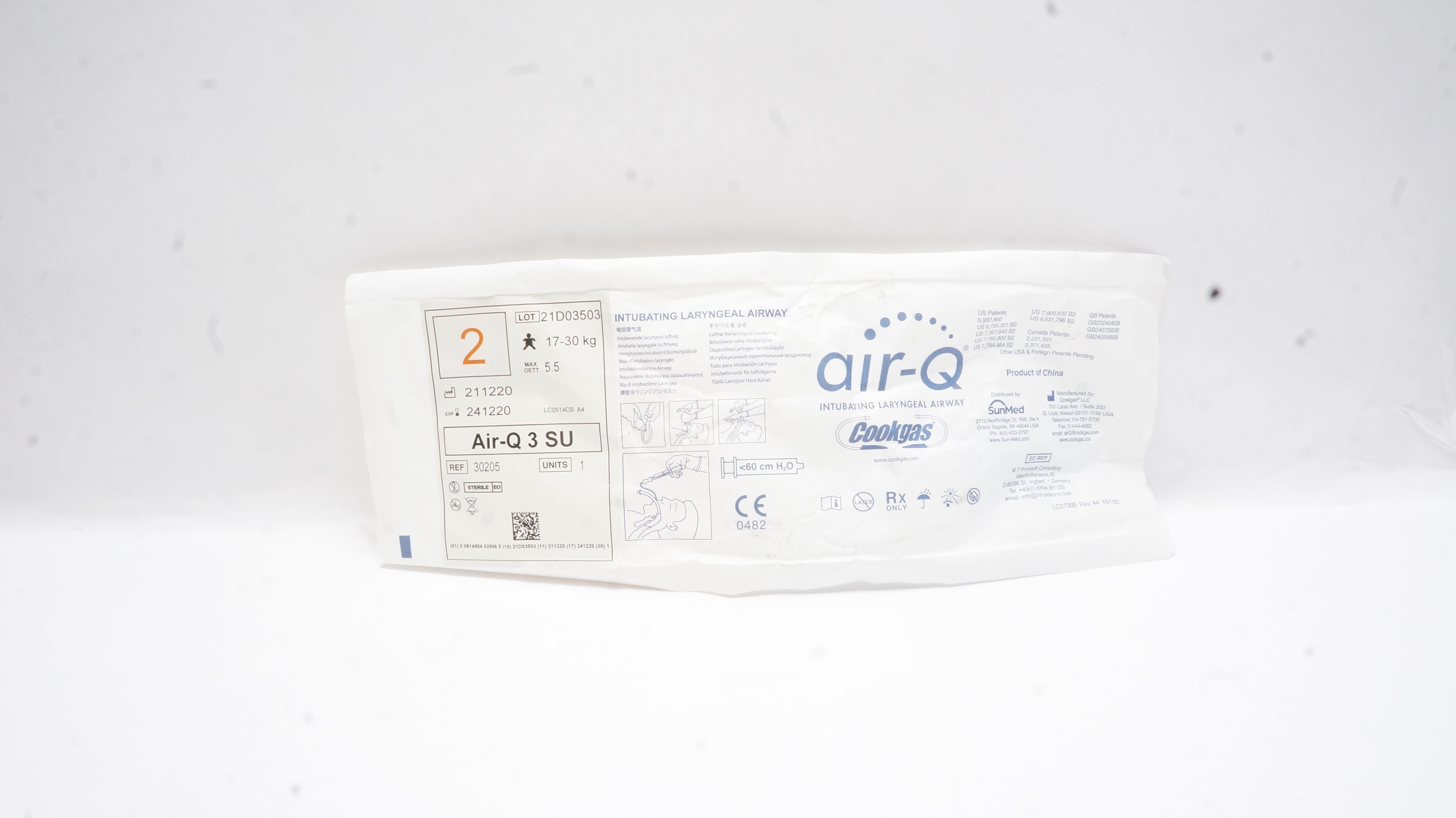 Cookgas 30205 Air-Q 3 SU Intubating Laryngeal Airway Size 2 17-30kg, 60cm H2O