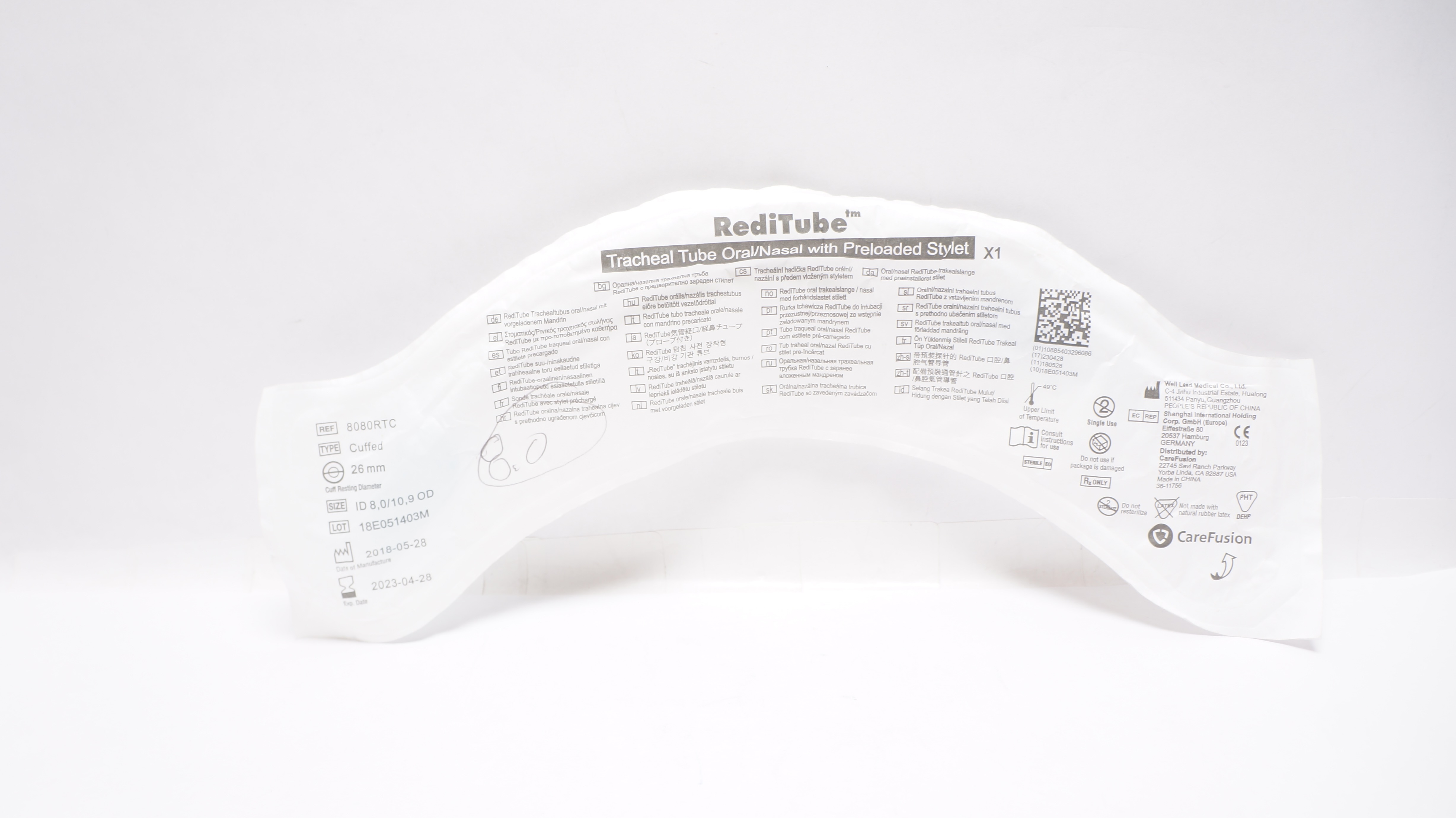 CareFusion 8080RTC RediTube Oral/Nasal Tracheal Tube 8.0mm x 10.9mm x 26mm (x)