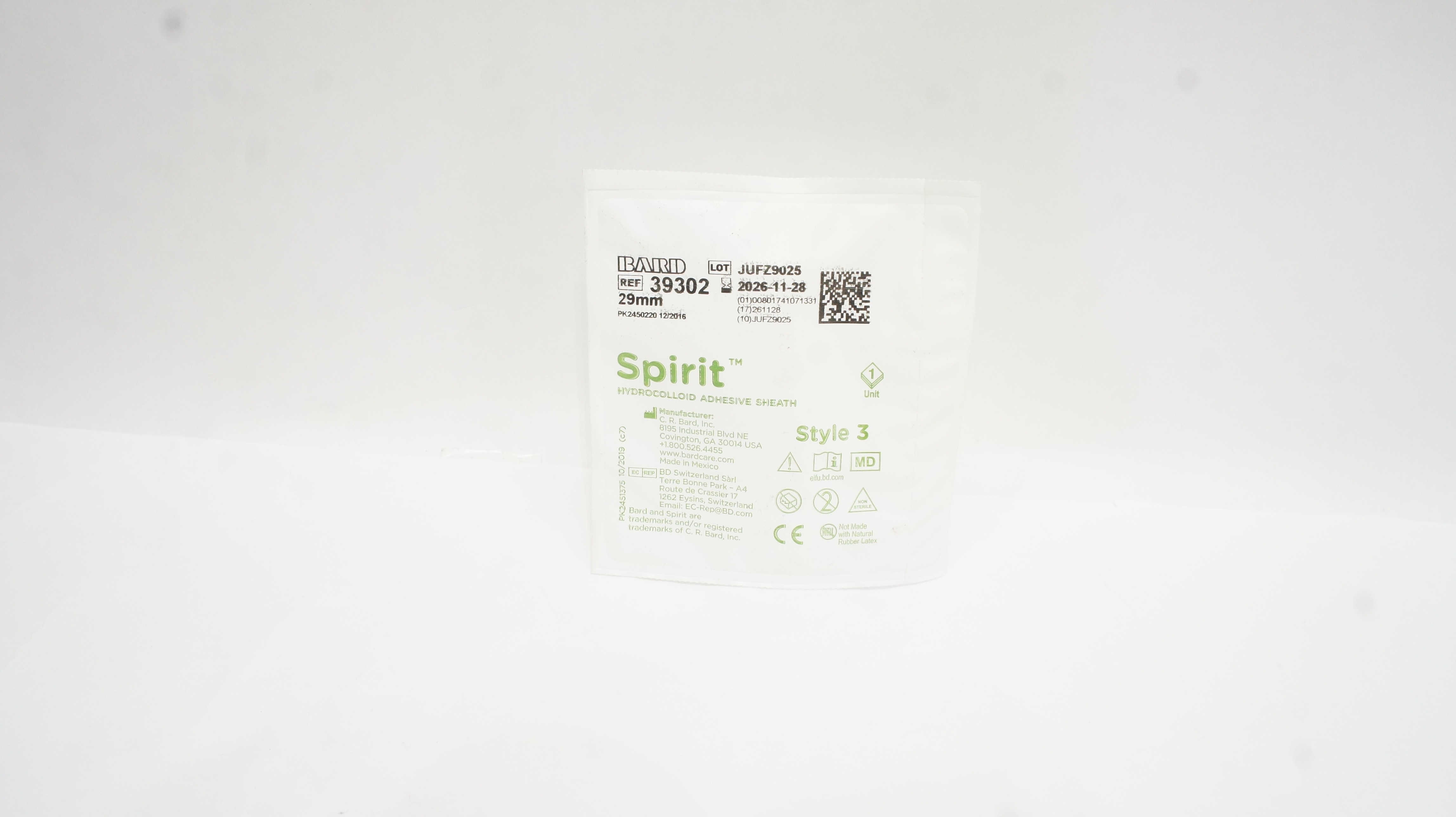 Bard 39302 Spirit Hydrocolloid Adhesive Sheath Style 3, 29 mm