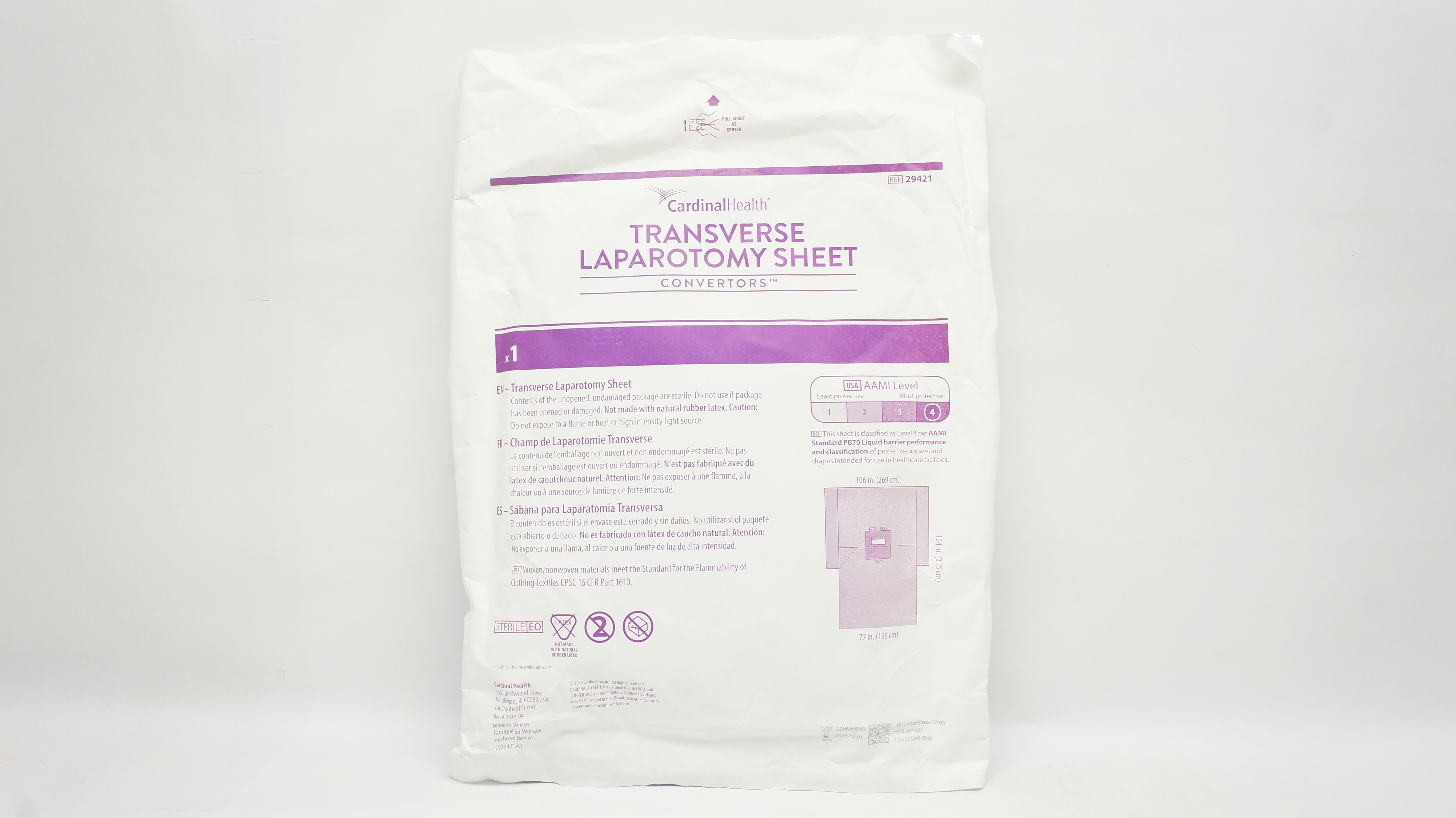 Cardinal Health 29421 Convertors Transverse Laparotomy Sheet 106in.x124in.x77in.