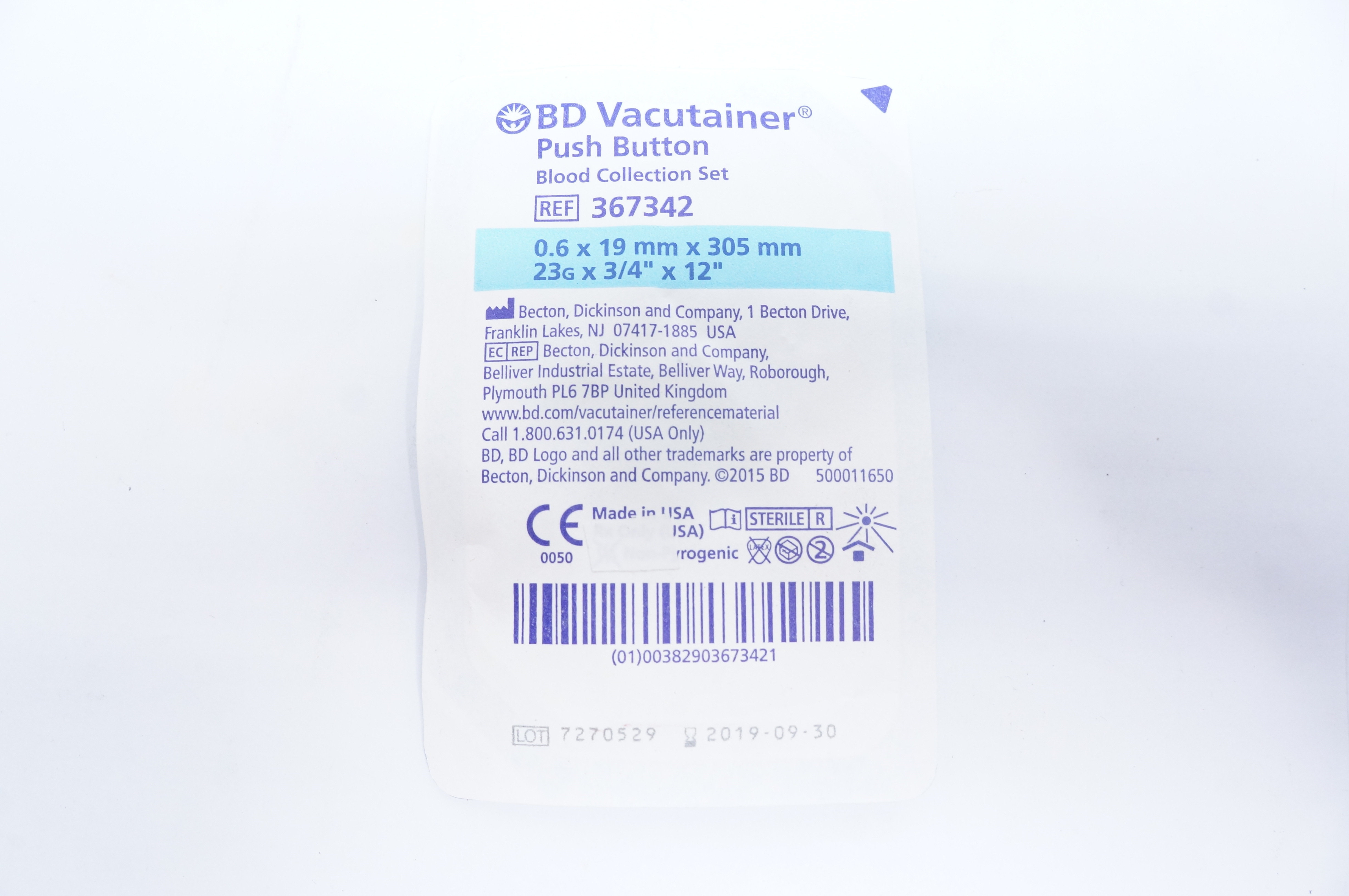 BD 367342 Vacutainer Push Button Blood Collection Set 23G x 3/4inch x 12inch (x)
