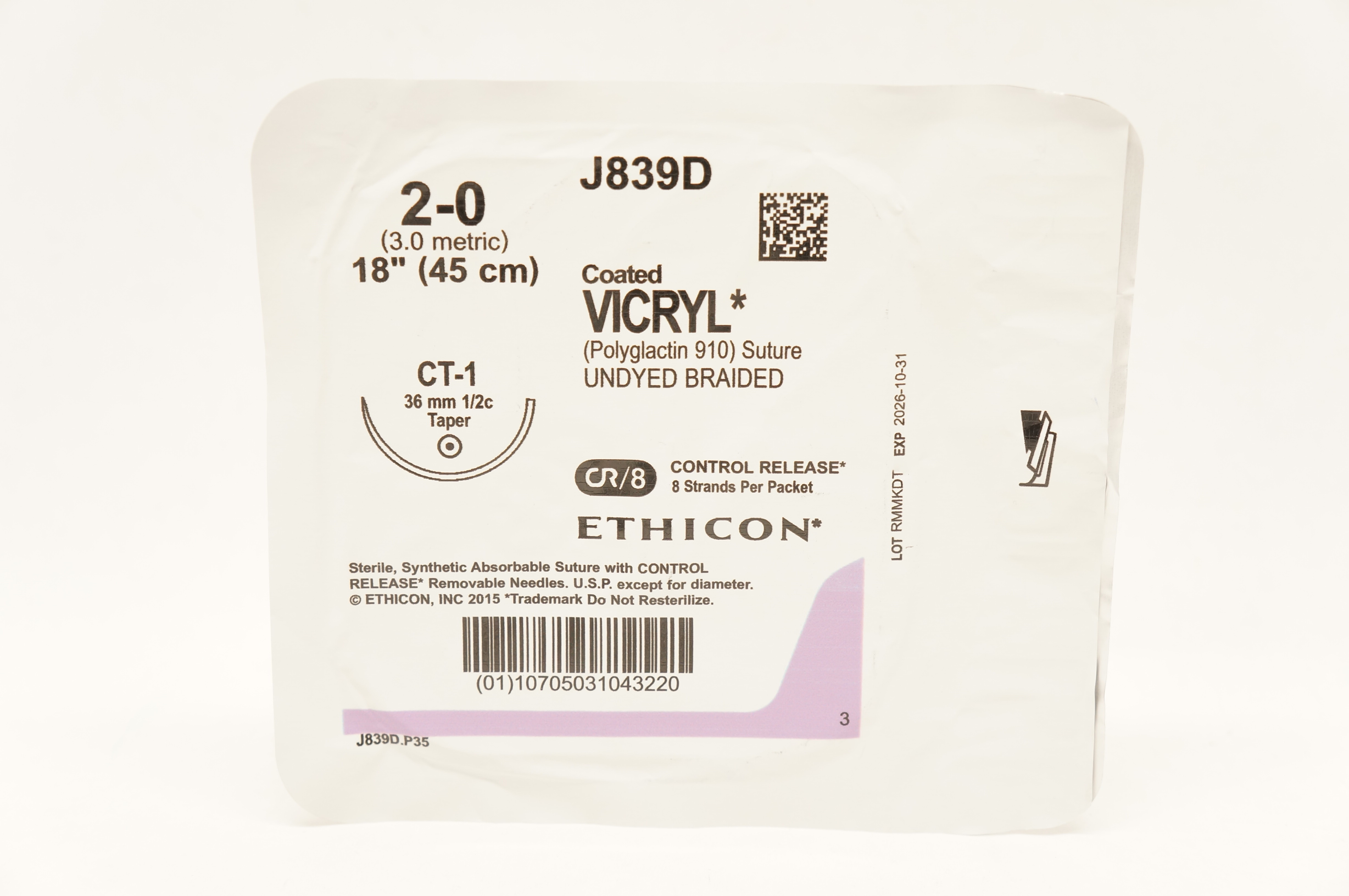 Ethicon J839D 2-0 Coated VICRYL Stre CT-1 36mm 1/2c Taper, 18 inch