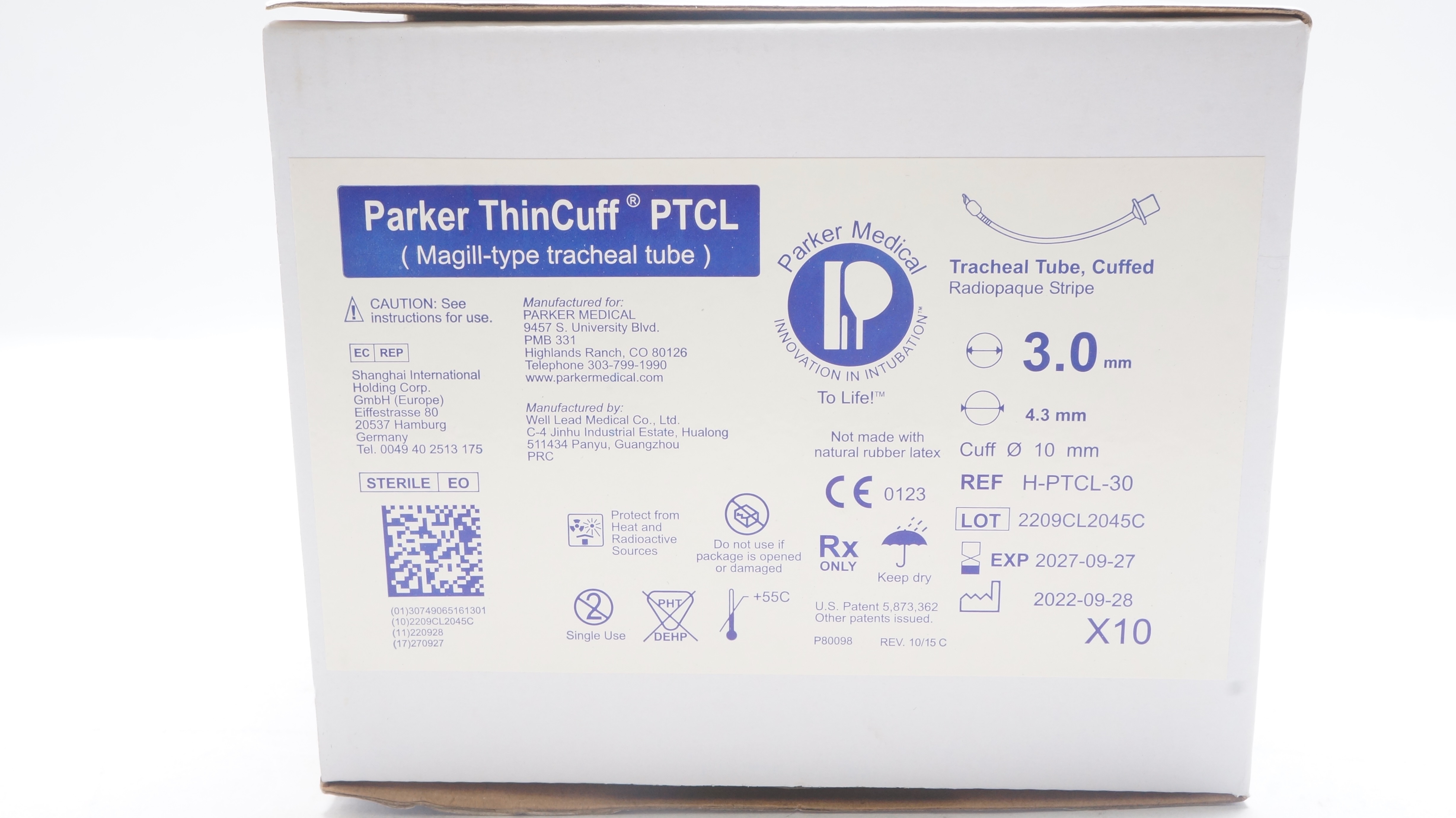 Parker Medical H-PTCL-30 ThinCuff PTCL Tracheal Tube 3.0mm x 4.3mm - Box of 10
