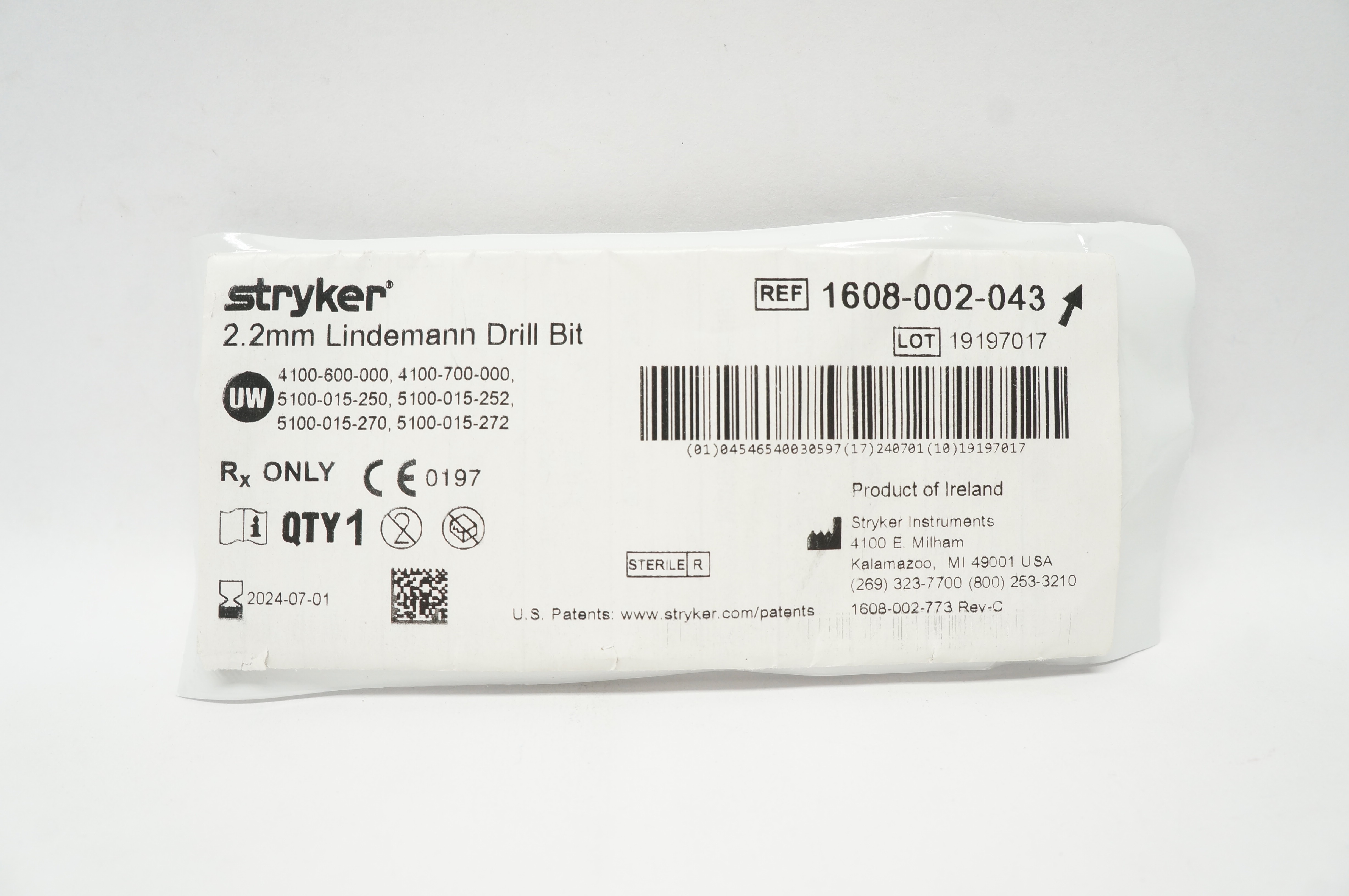 Stryker 1608-002-043 Lindemann Drill Bit 2.2mm