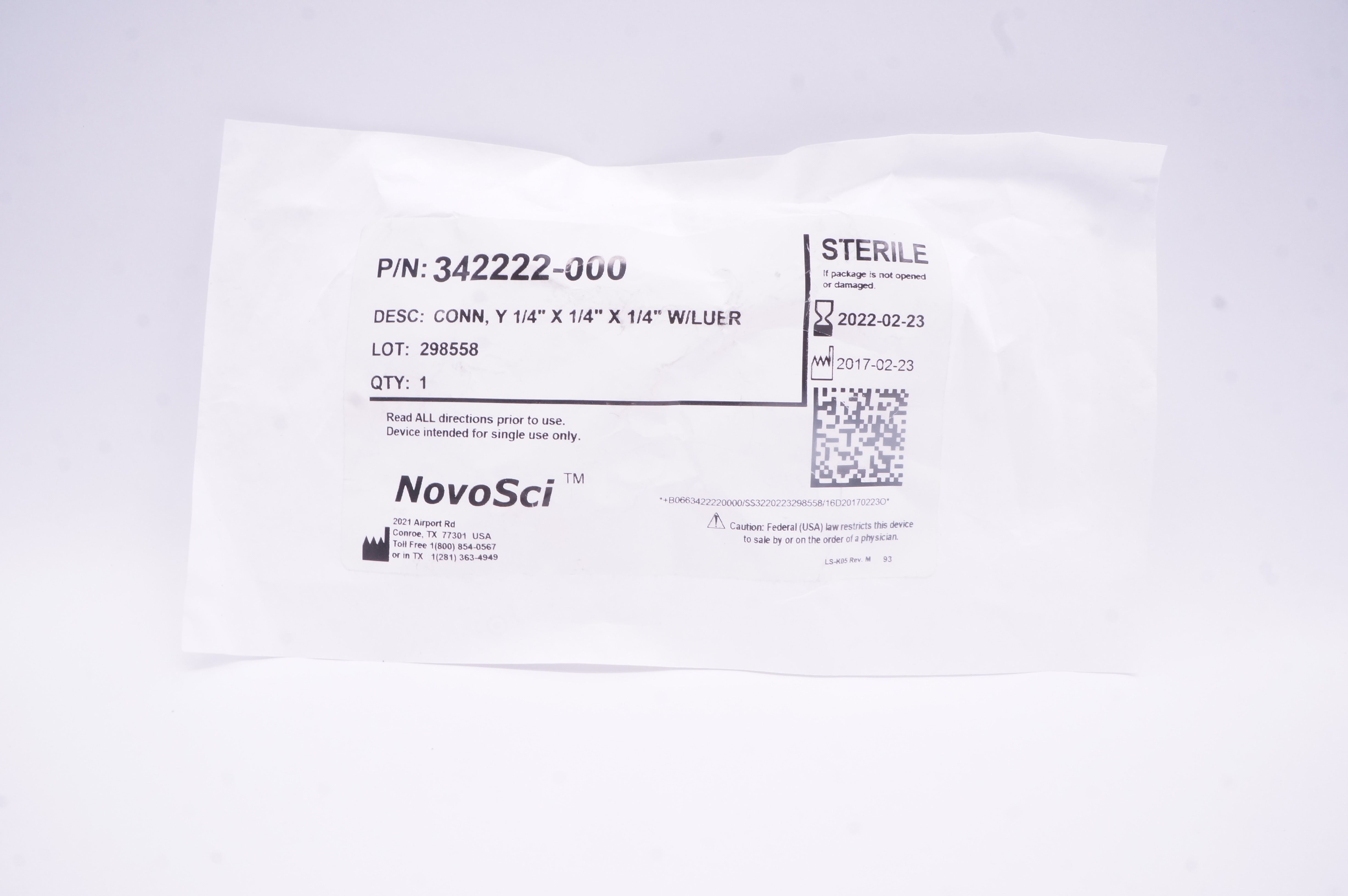 NovoSci 342222-000 Connector 1/4inch x 1/4inch x 1/4inch W/Luer