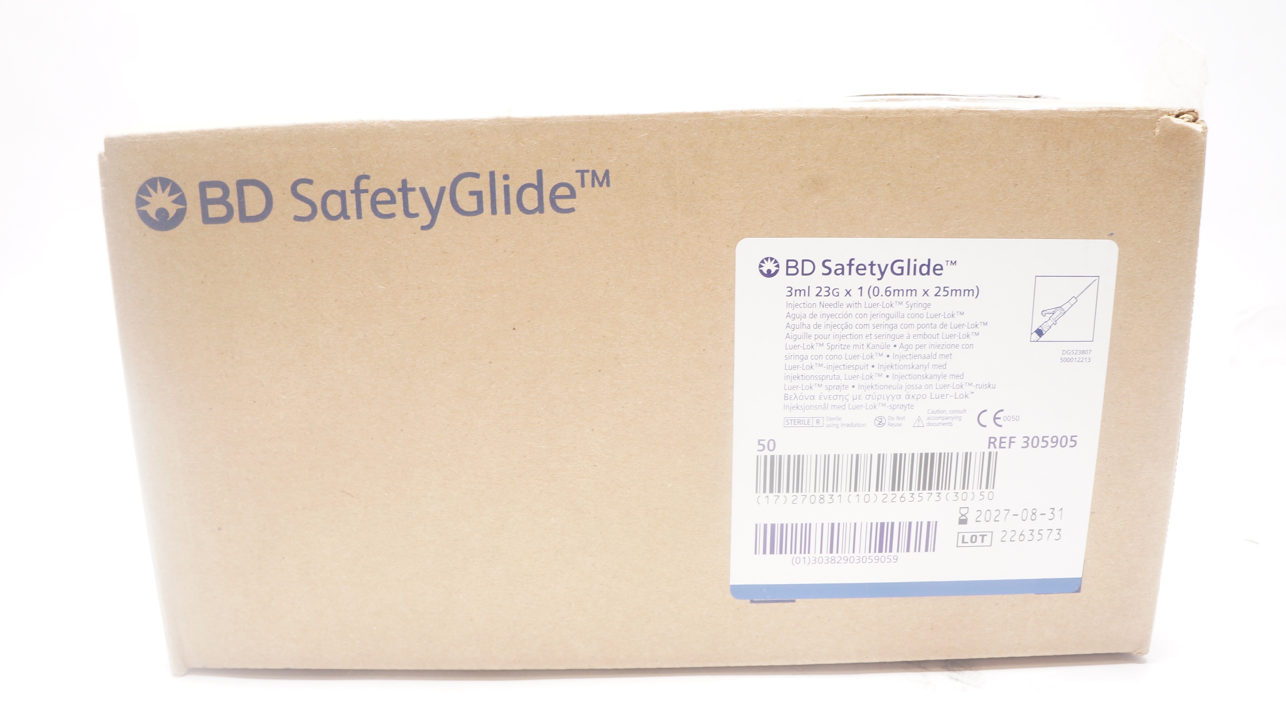 BD 305905 SafetyGlide Injection Ndle W/Luer-Lok Syringe 3ml 23G x 1 - Box of 50