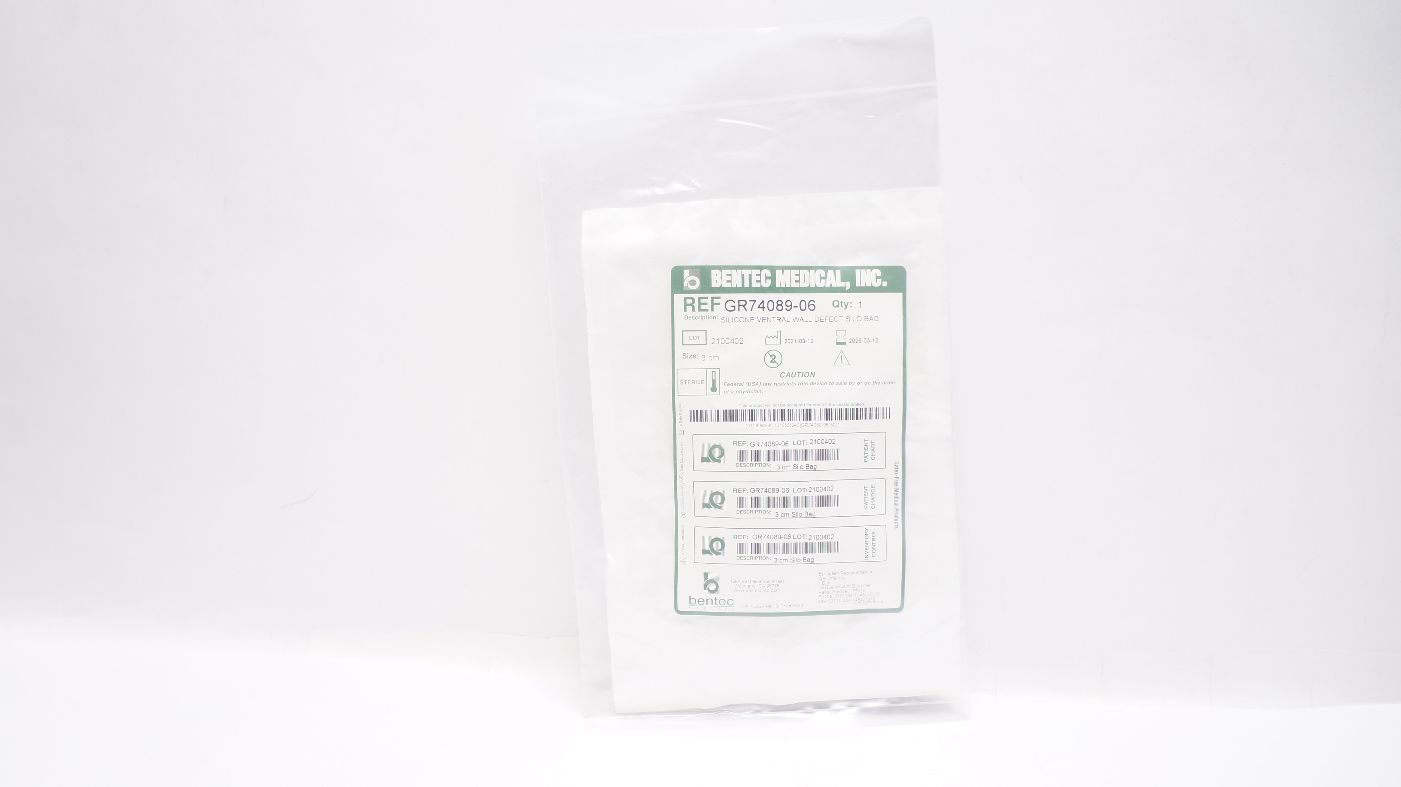Bentec Medical GR74089-06 Silicone Ventral Wall Defect Silo Bag 3cm
