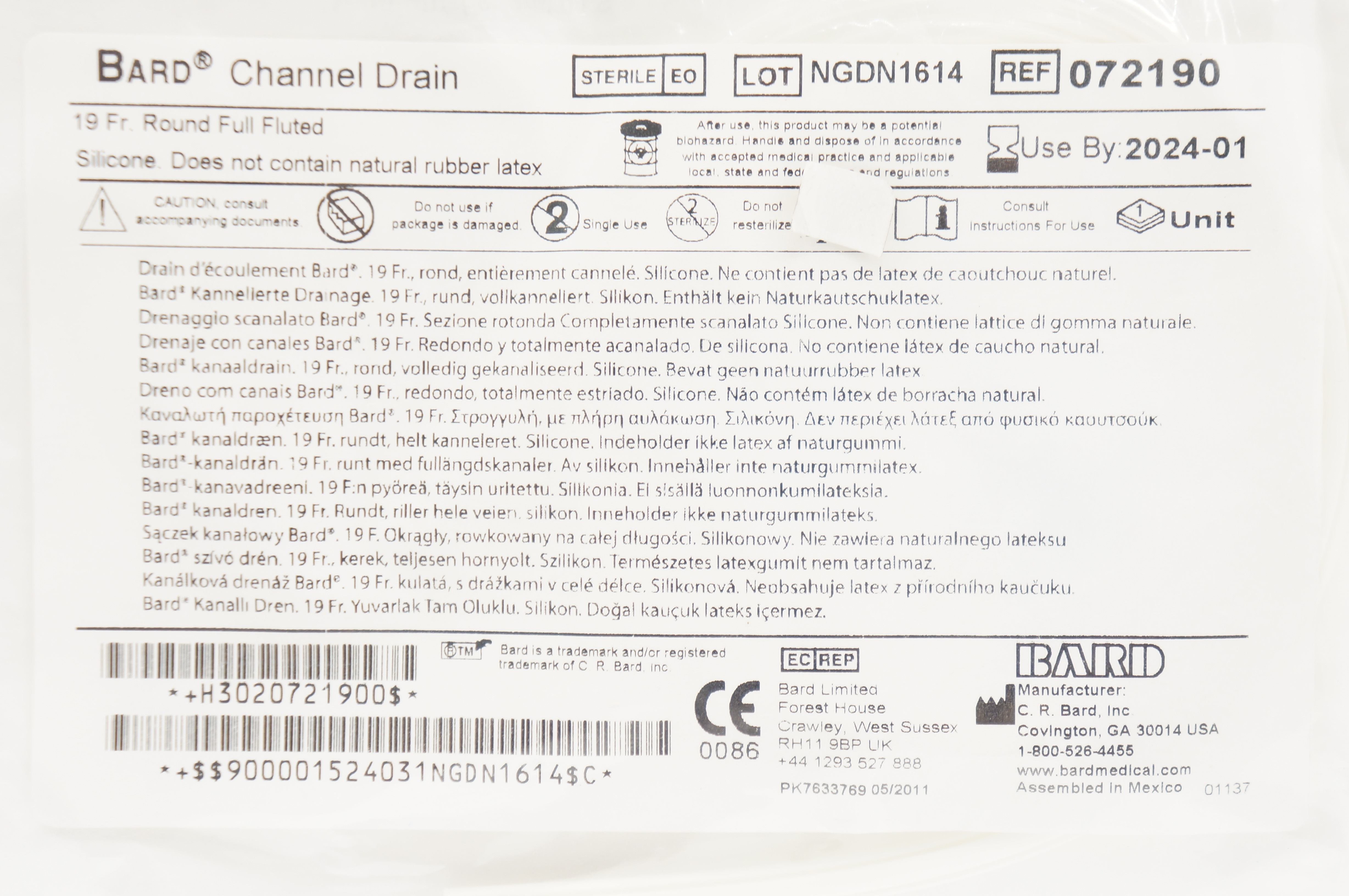 Bard 072190 Channel Drain Round Full Fluted 19Fr