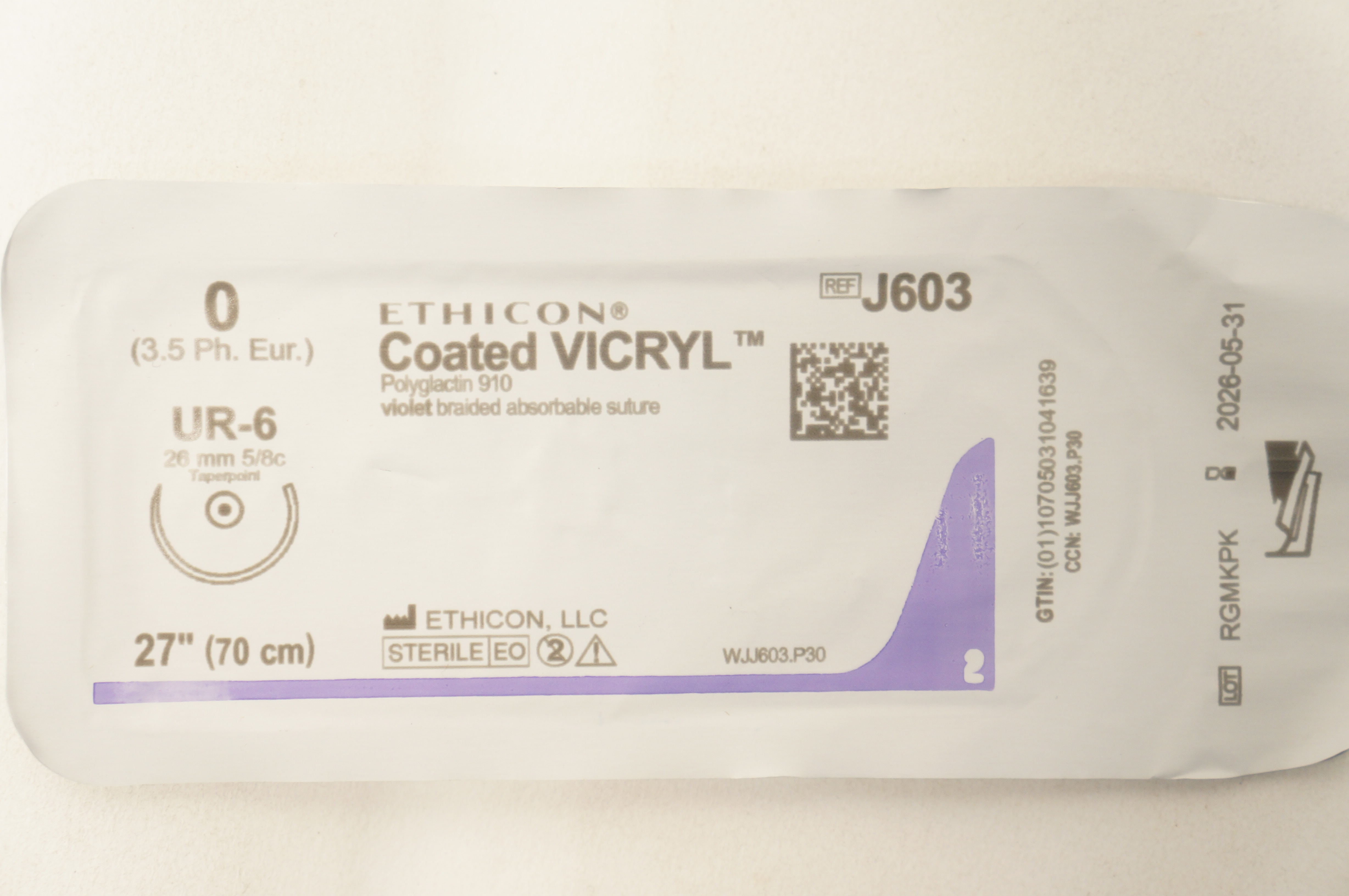 Ethicon J603 0 Coated VICRYL Stre UR-6 26mm 5/8c Taper 27inch