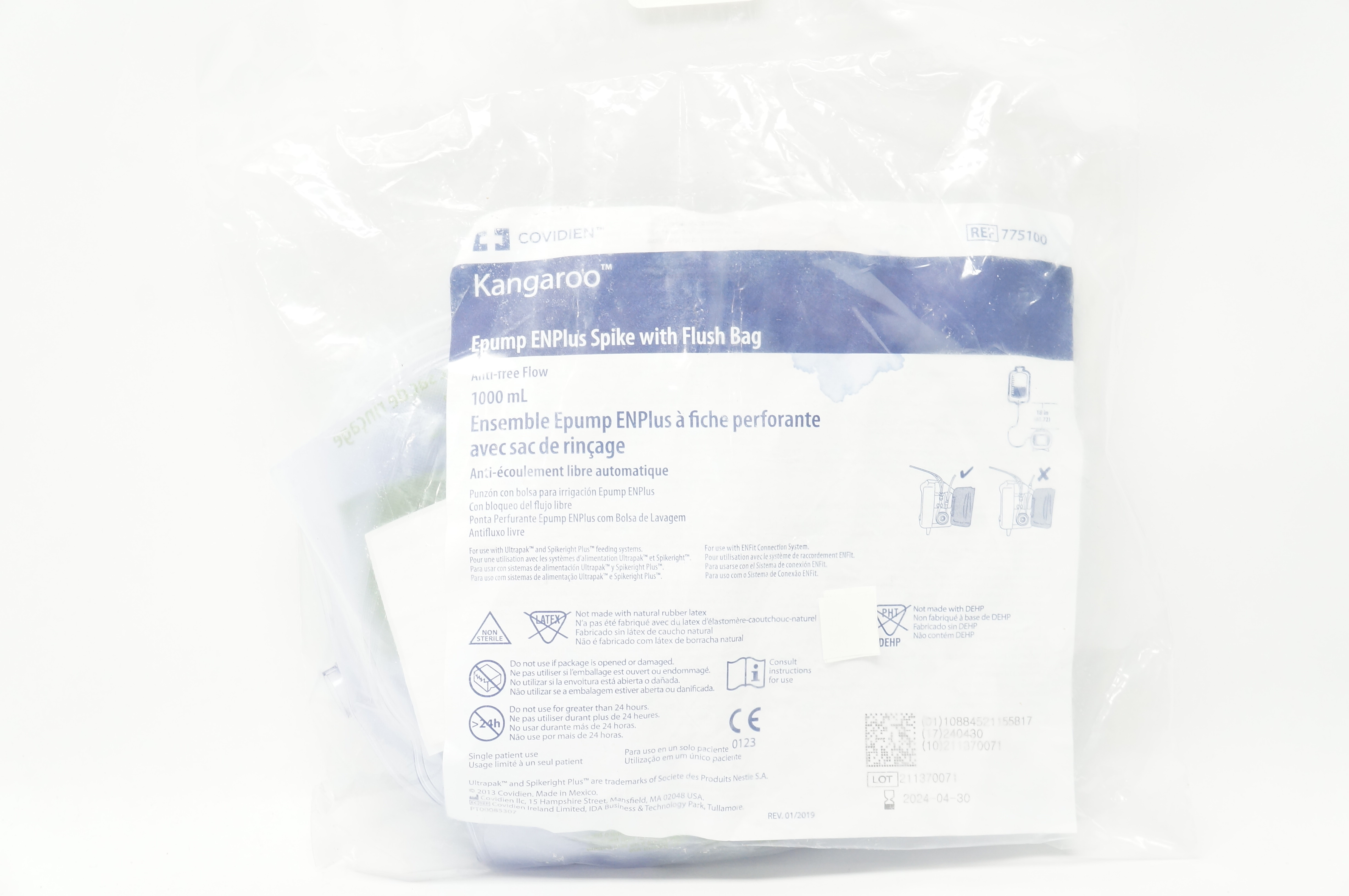 Covidien 775100 Kangaroo Epump ENPlus Spike with Flush Bag Anti-free Flow 1000mL