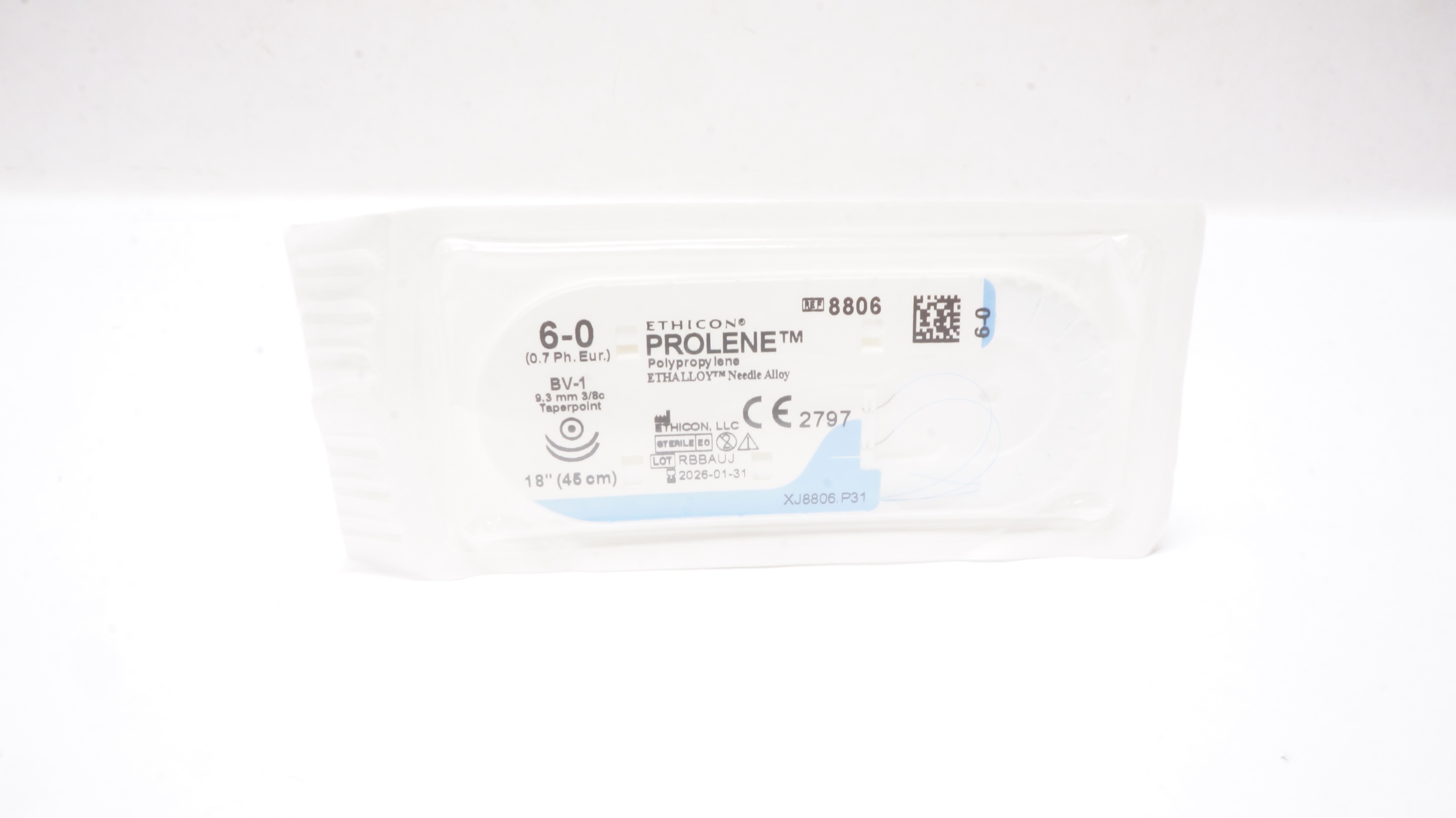 Ethicon 8806 6-0 PROLENE, BV-1, 9.3mm 3/8c Taper Blue Monofilament, 18inch