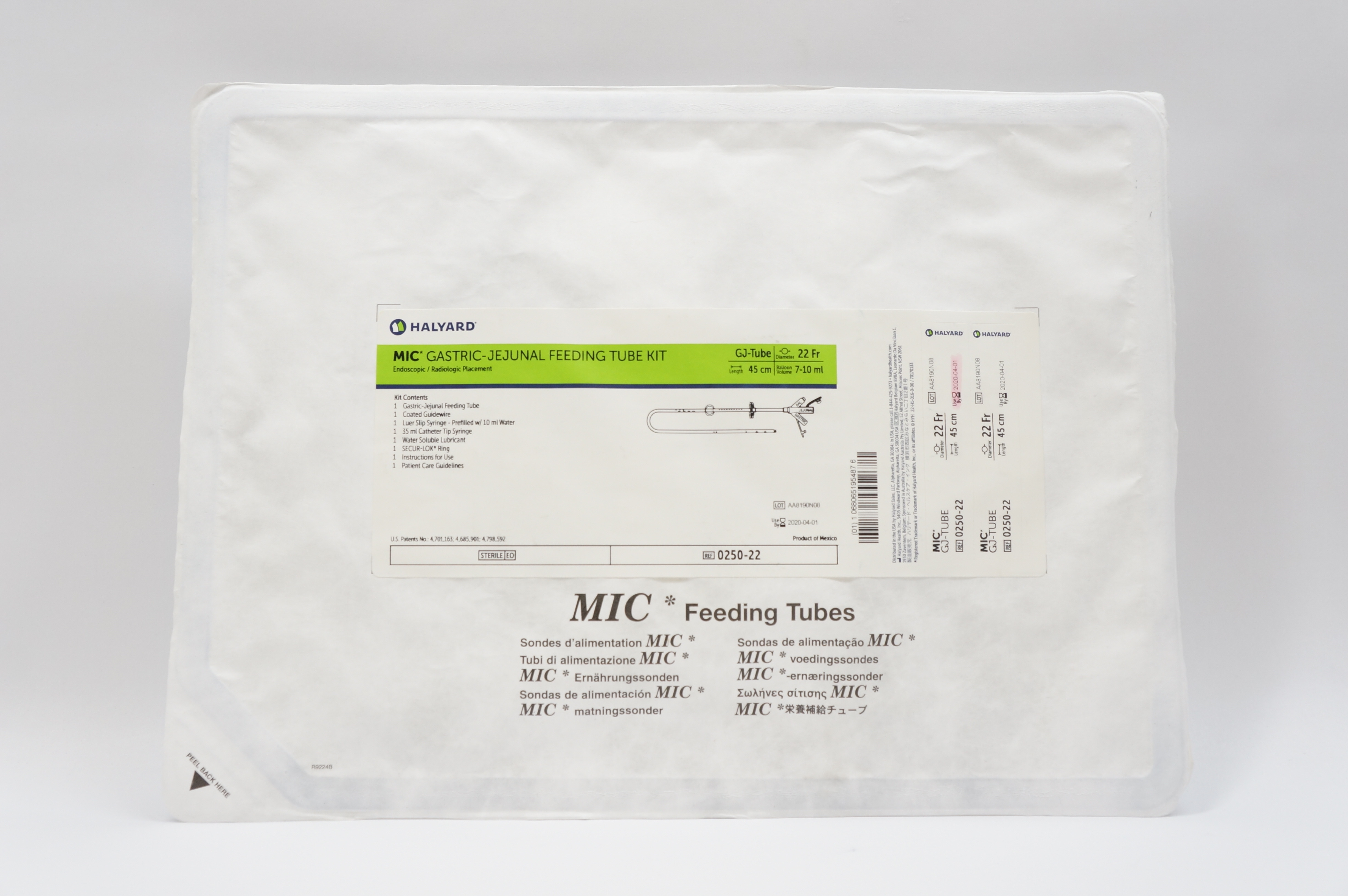 Halyard 0250-22 MIC Gastric-Jejunal Feeding Tube Kit 22Fr x 45cm 7-10ml (x)