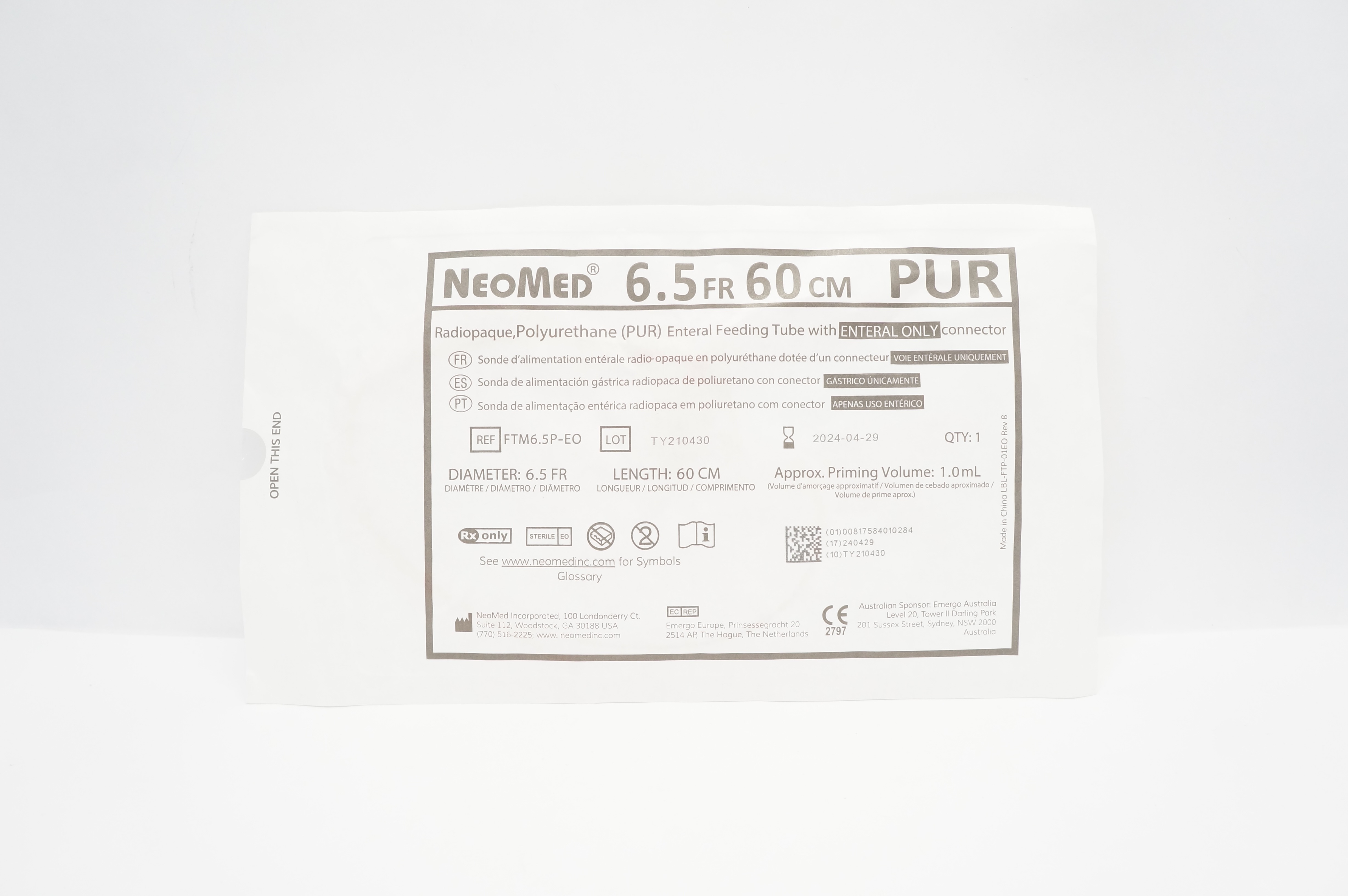 NeoMed FTM6.5P-EO  Polyurethane Enteral Feeding Tube Pediatric 6.5F x  60cm