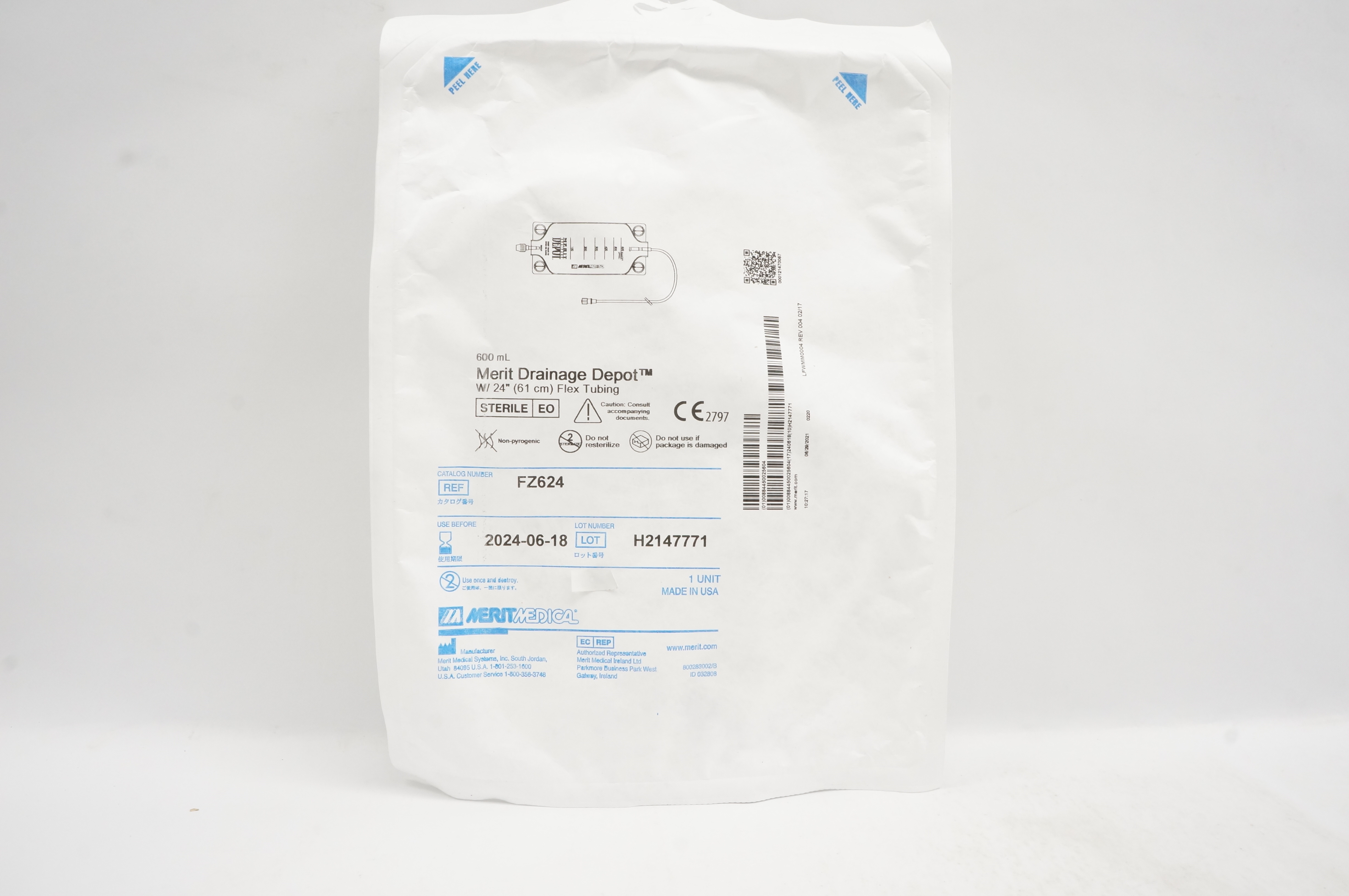 Merit Medical FZ624 Drainage Depot 600ml with 24 inch Flex Tubing