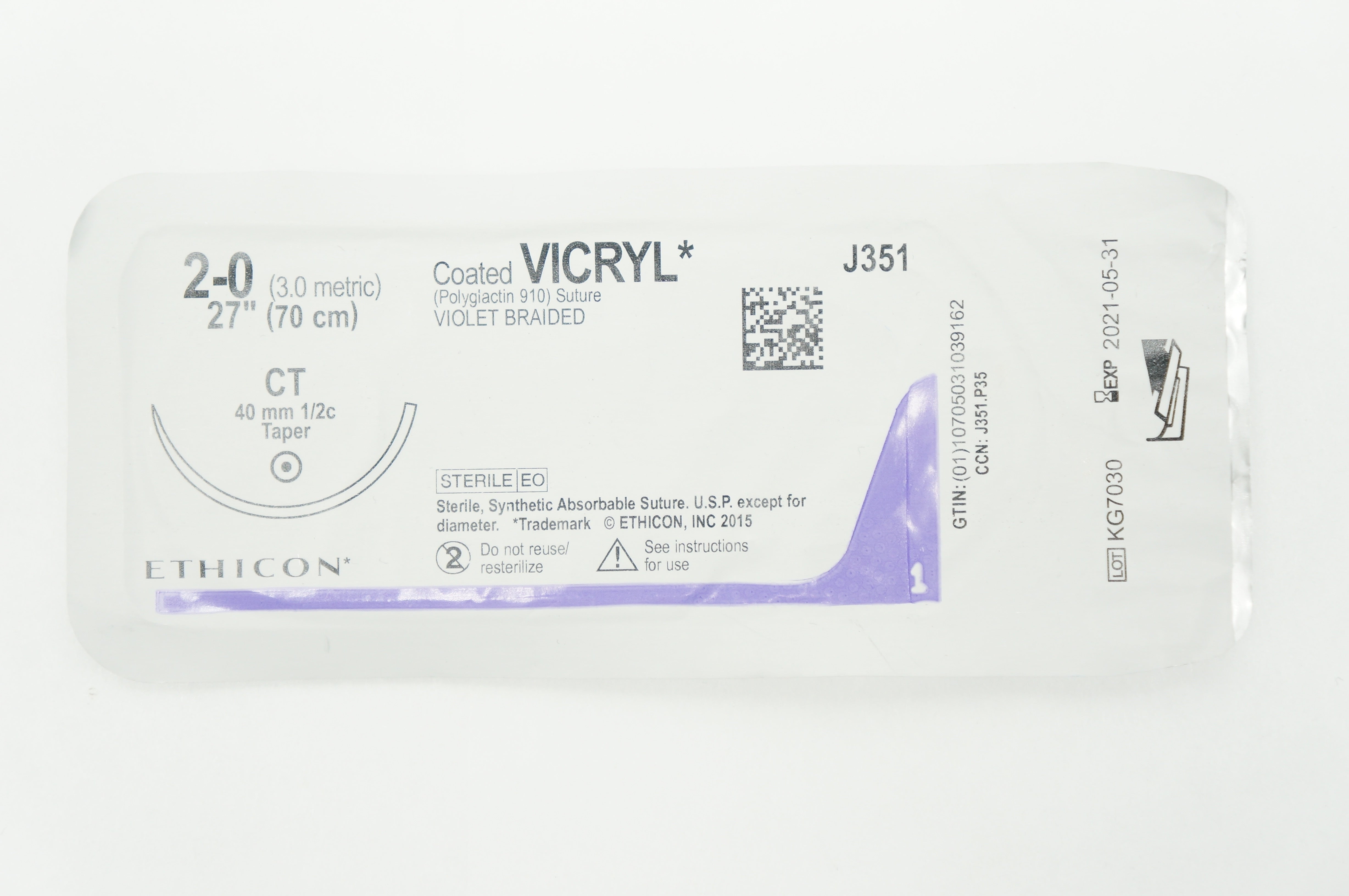 Ethicon J351 2-0 VICRYL CT 40mm 1/2c Taper 27inch
