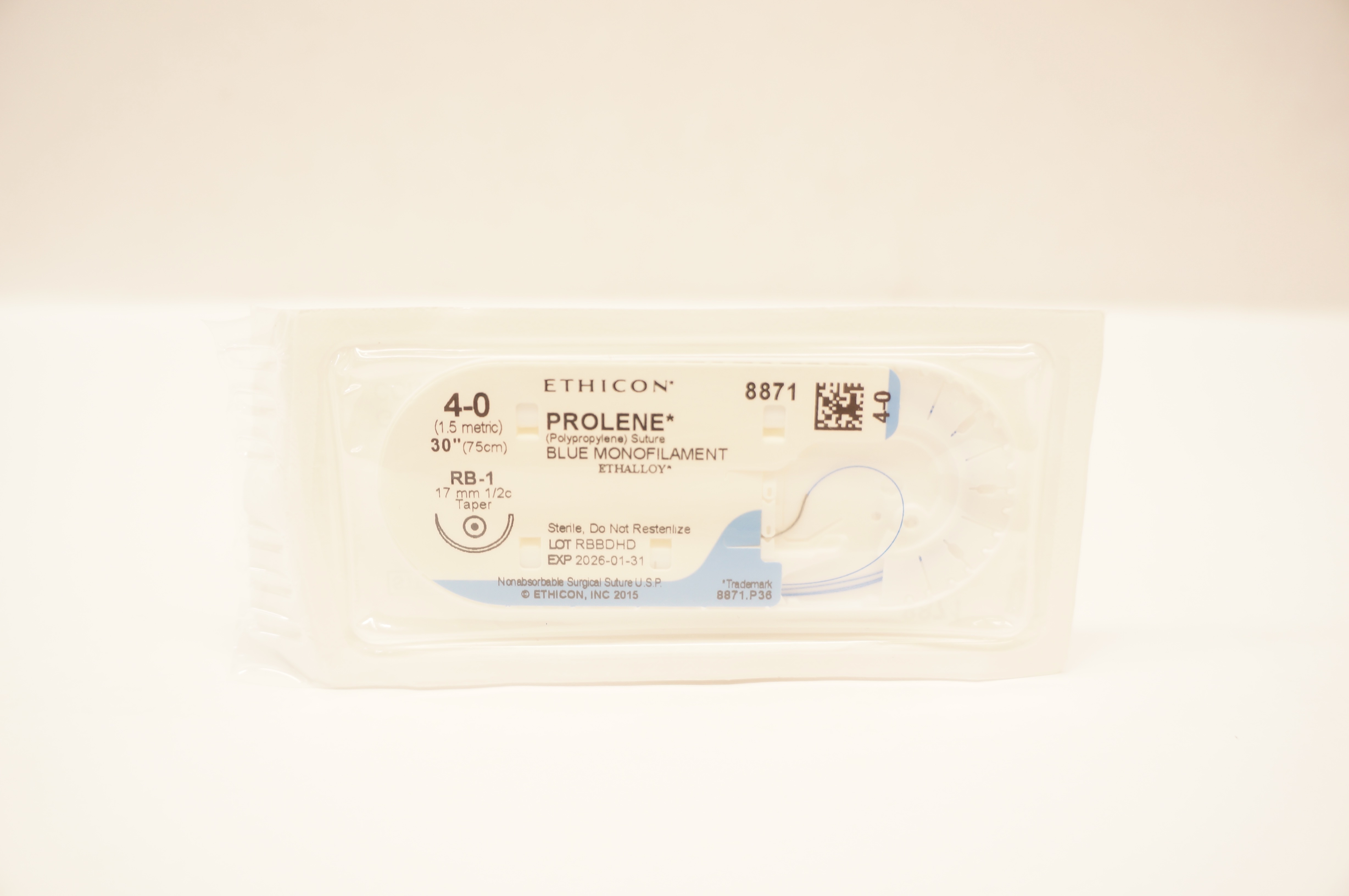 Ethicon 8871 4-0 PROLENE Polypropylene Stre RB-1 17mm 1/2c Taper, 30inch