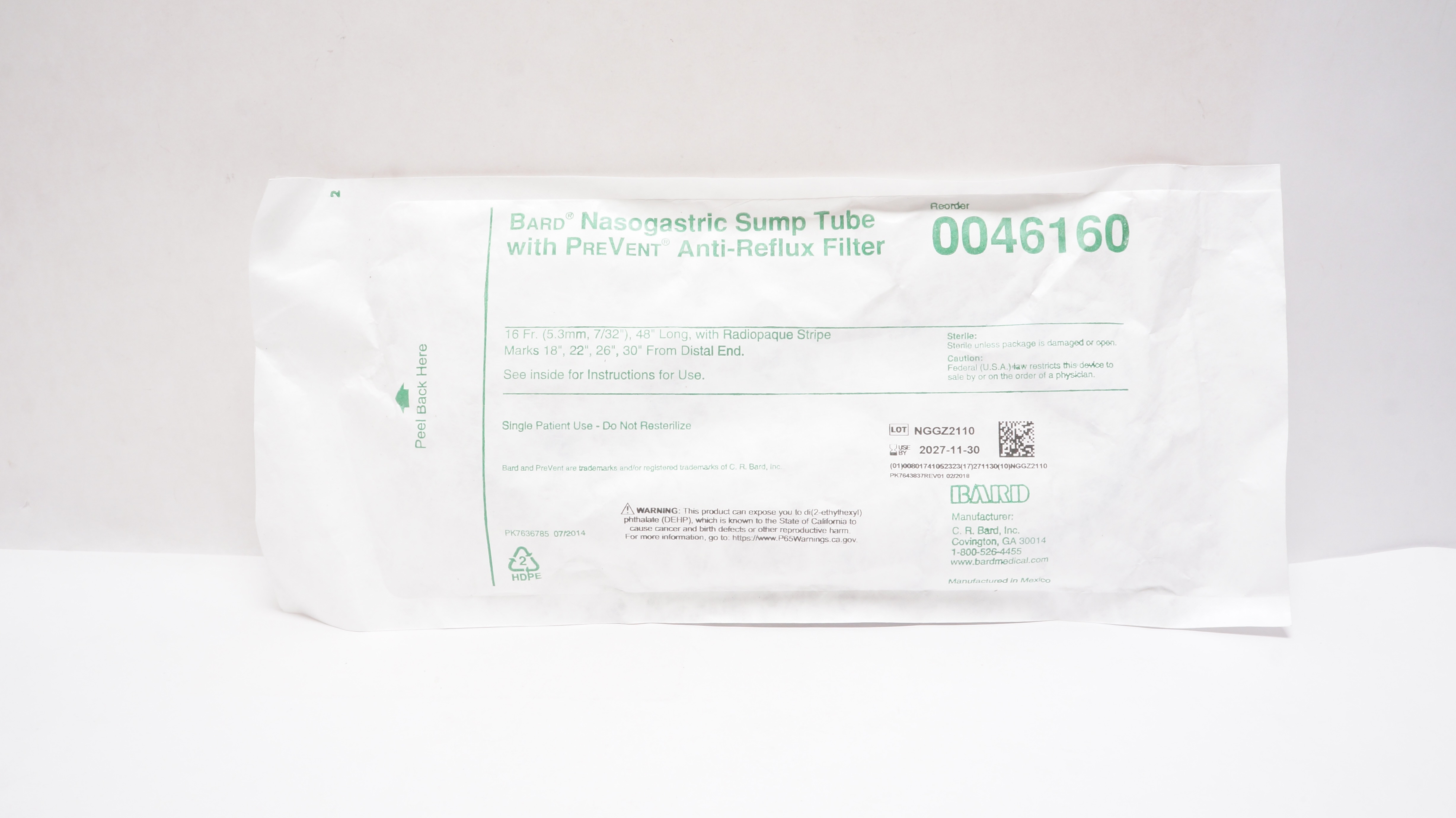 Bard 0046160 Nasogastric Sump Tube w/PreVent Anti-Reflux Filter 16Fr. x 48inch