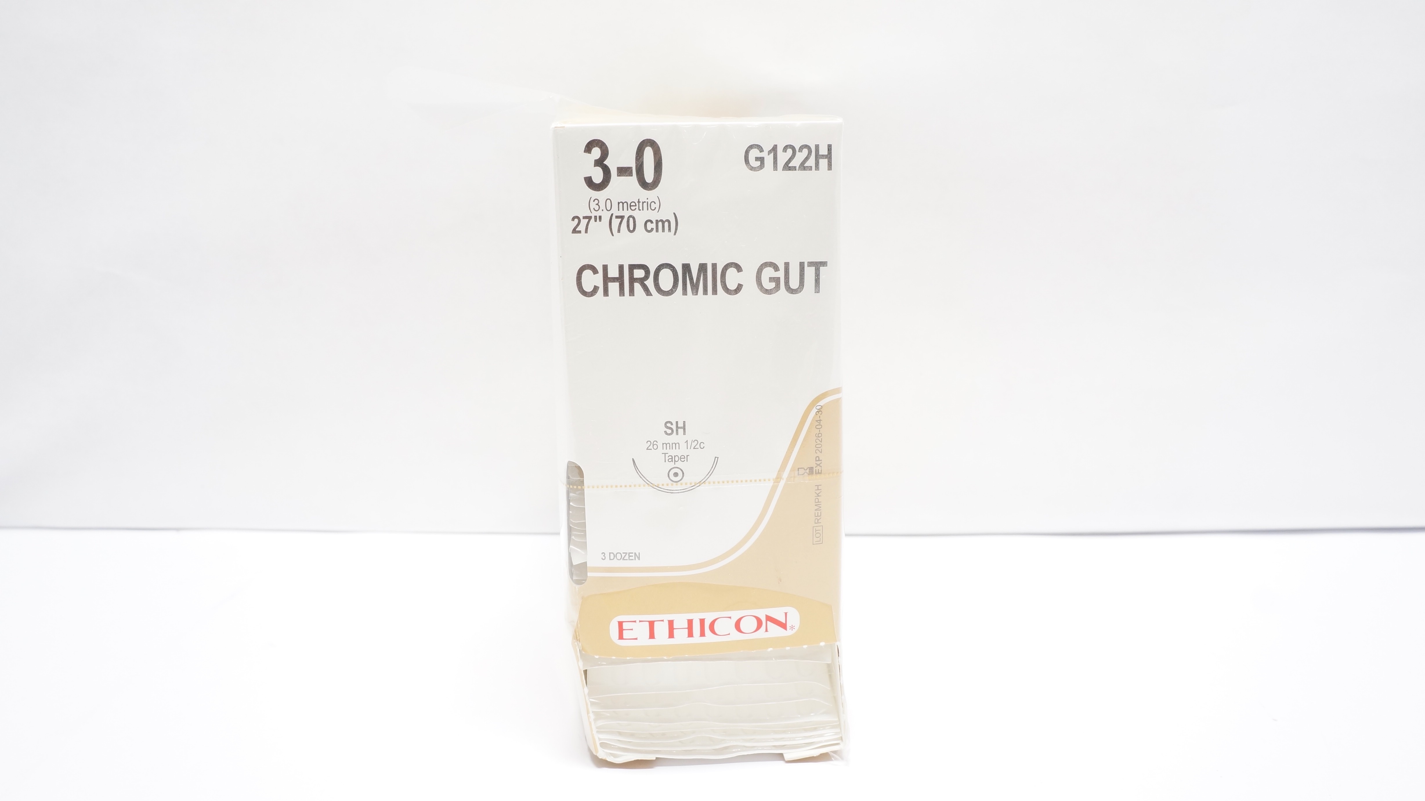 Ethicon G122H 3-0 CHROMIC GUT Stre SH 26mm 1/2c Taper, 27inch - Box of 35