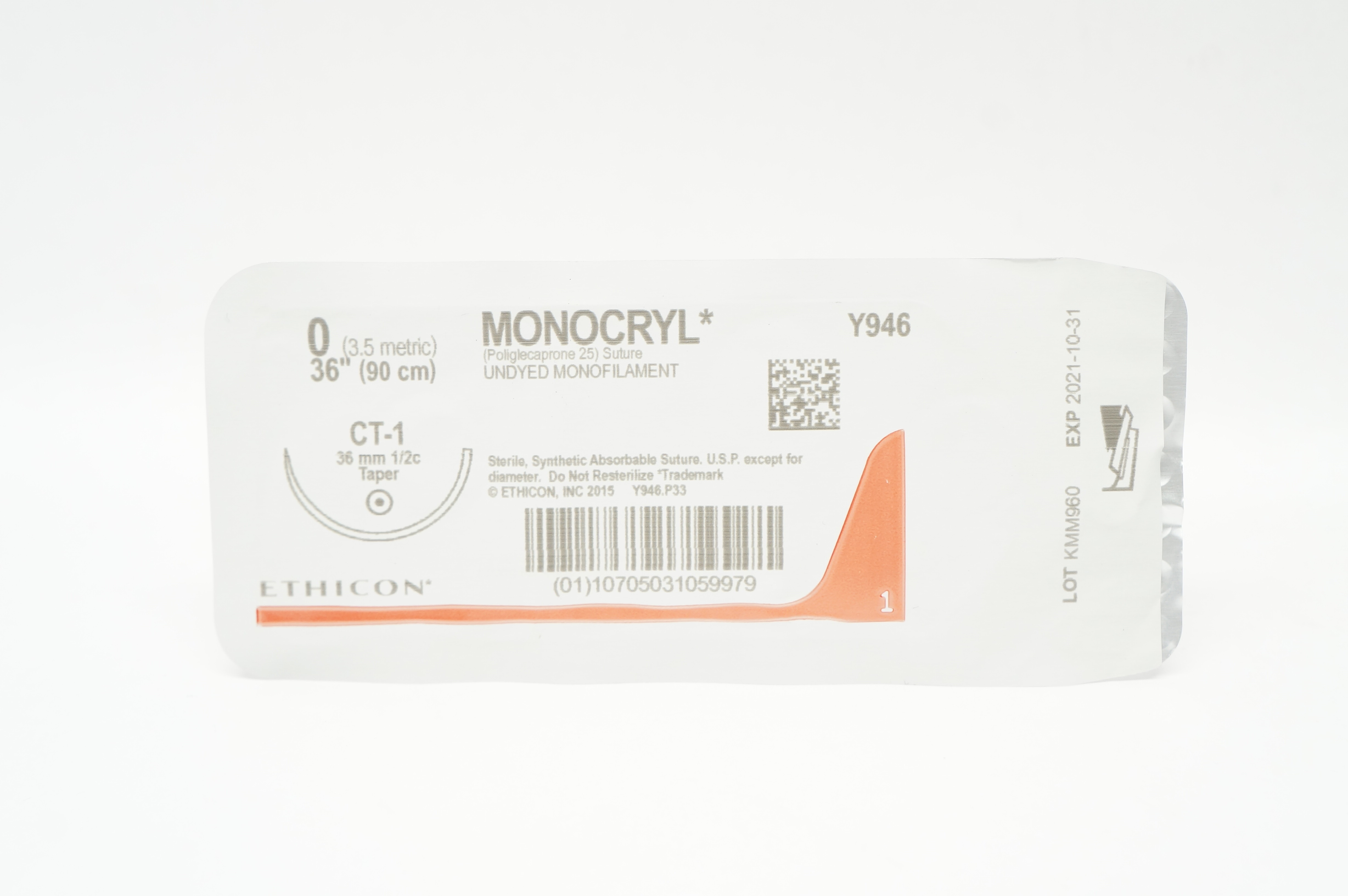 Ethicon Y946 0 MONOCRYL Stre Undyed Monofilament CT-1 36mm 1/2c Taper 36inch (x)