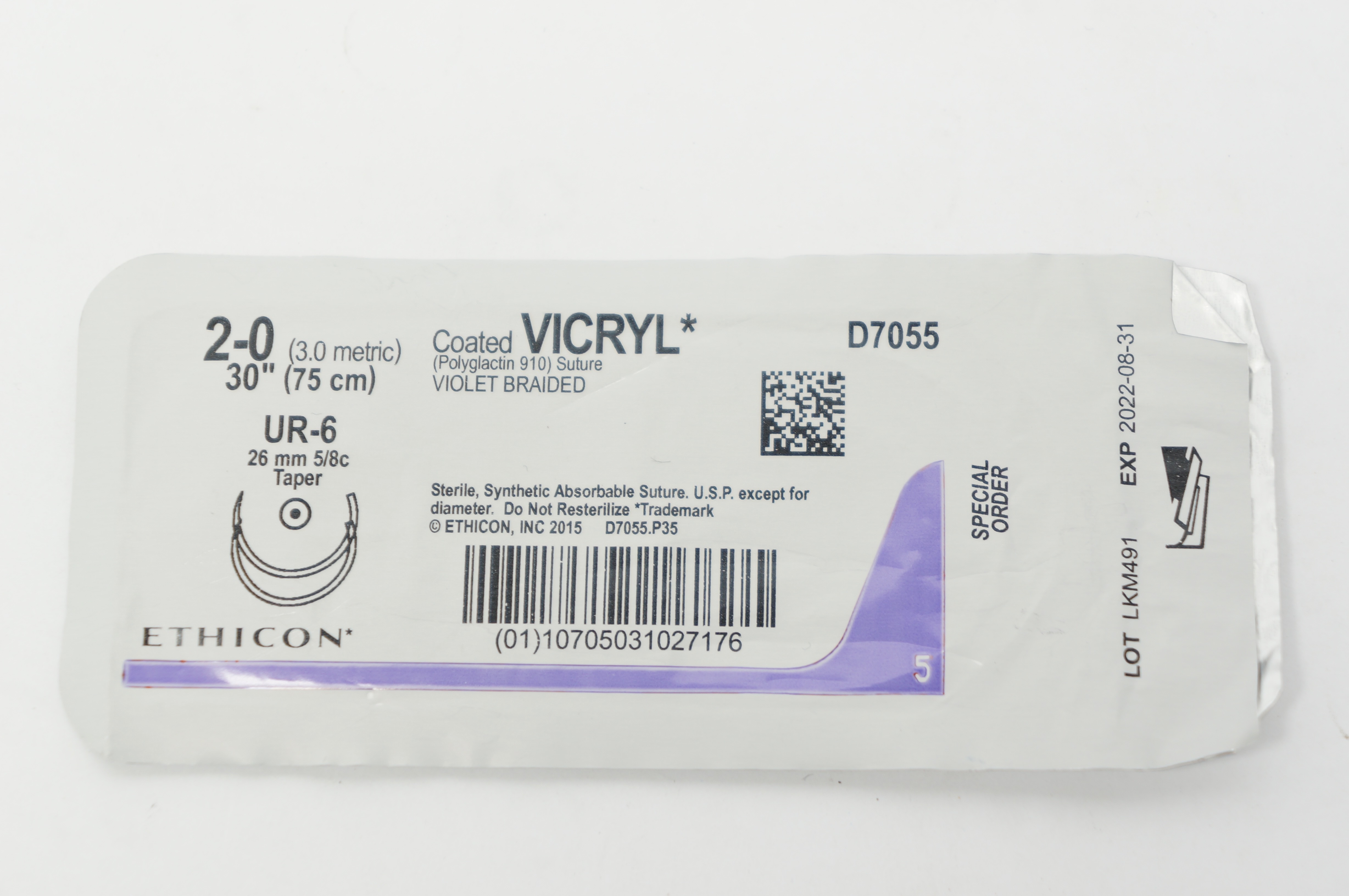Ethicon D7055 2-0 Coated Vicryl  Polyglactin Stre UR-6 26mm 5/8c Taper 30 in (x)