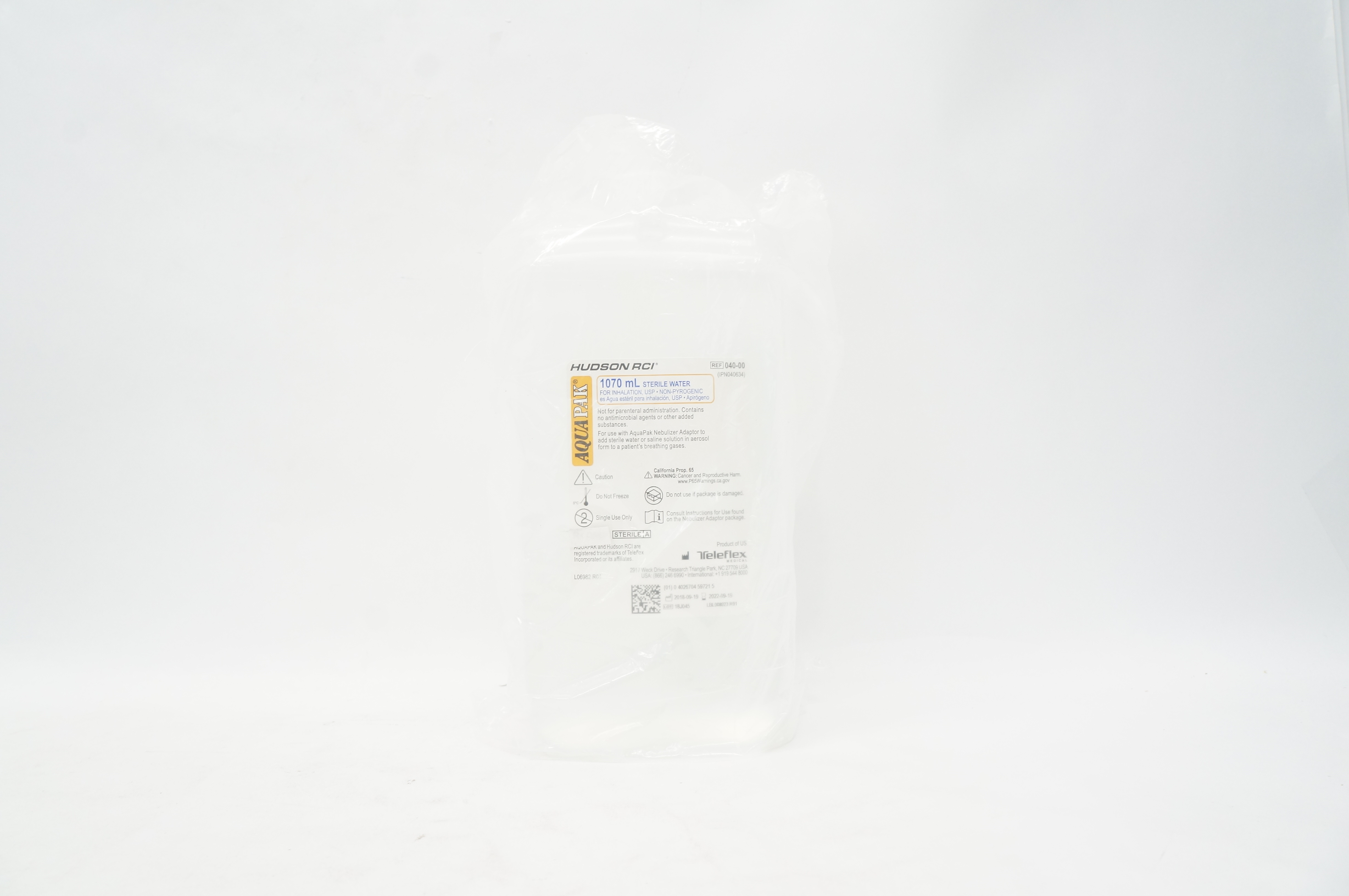 Teleflex 040-00 Hudson RCI Aqua Pak Sterile Water For Inhalation 1070mL