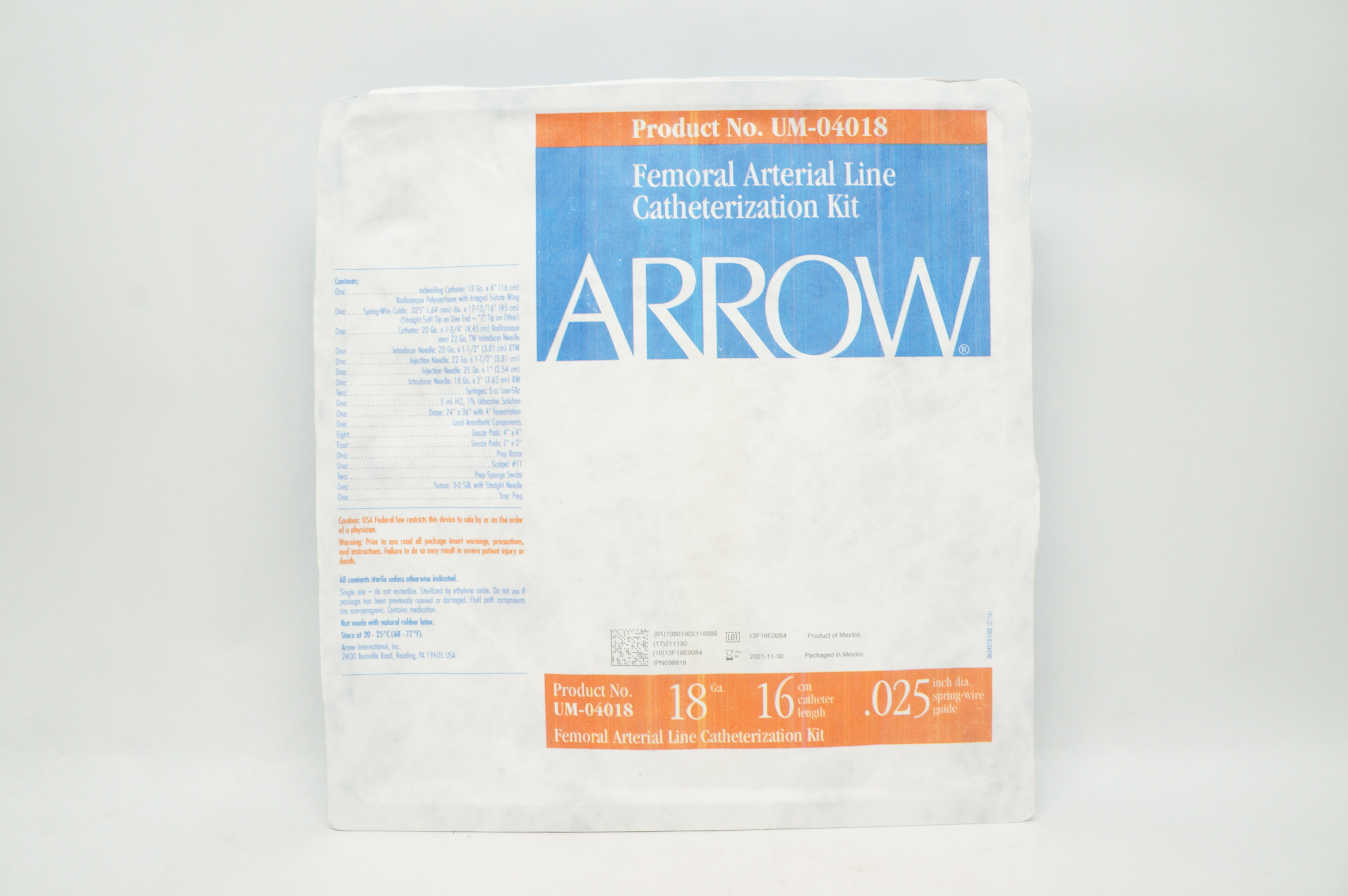 Arrow UM-04018 Femoral Arterial Line Cath. Kit 18Ga x 16 cm x 0.025 inch