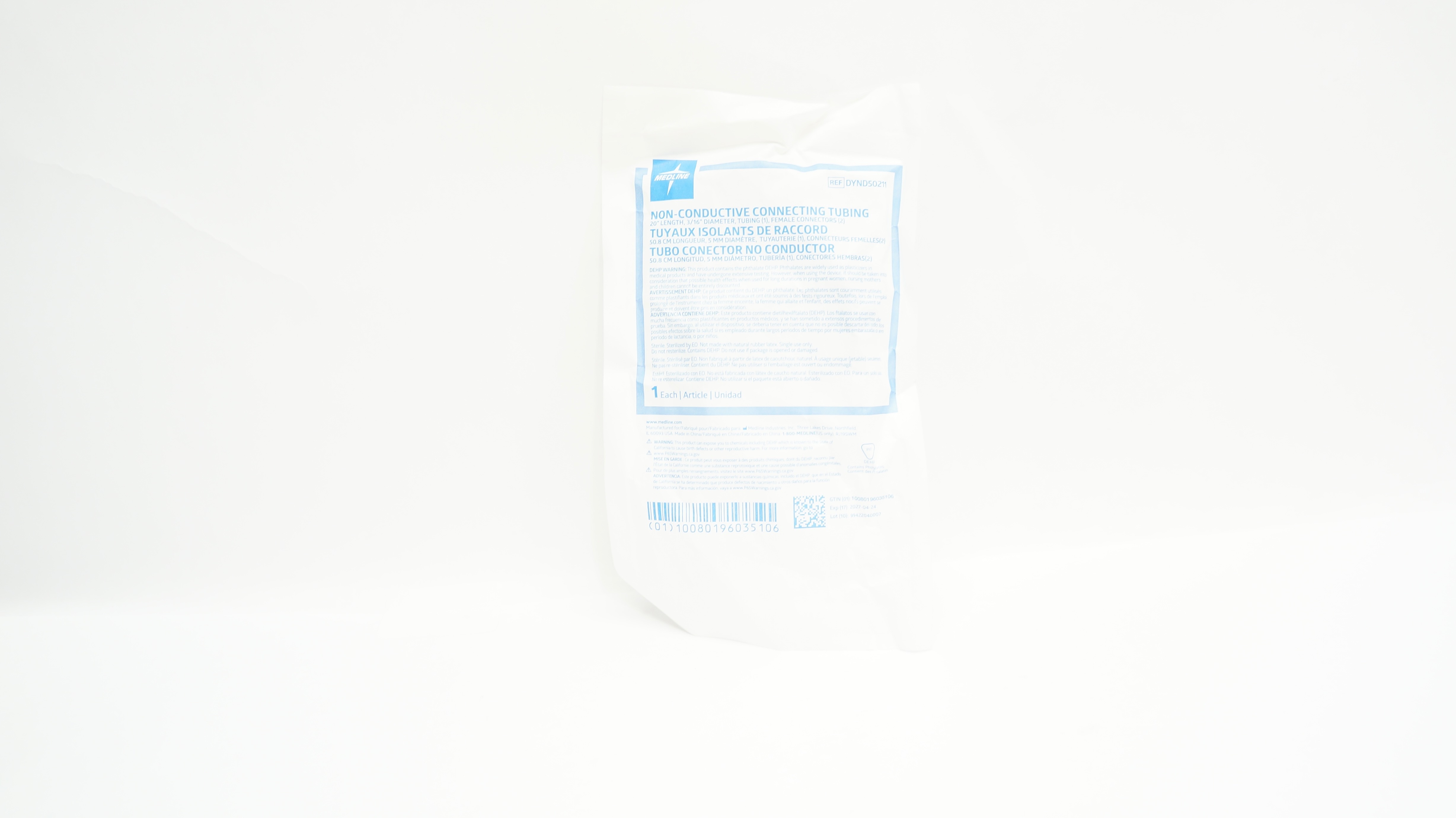 Medline DYND50211 Non-Conductive Connecting Tubing 20inch x 3/16inch, &Connector