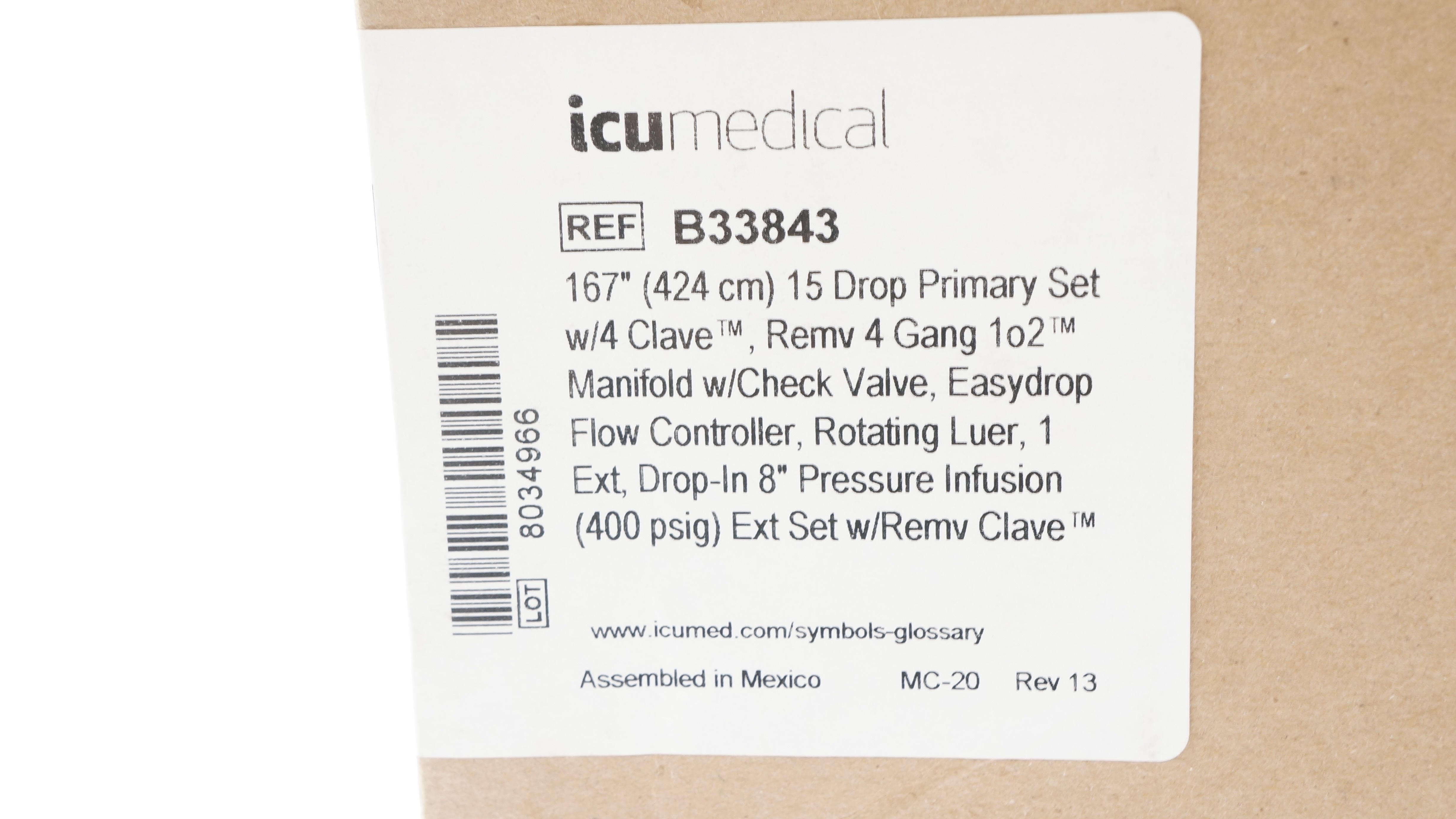 ICU Medical B33843 167inch 15Drop Primary Set - Case of 25