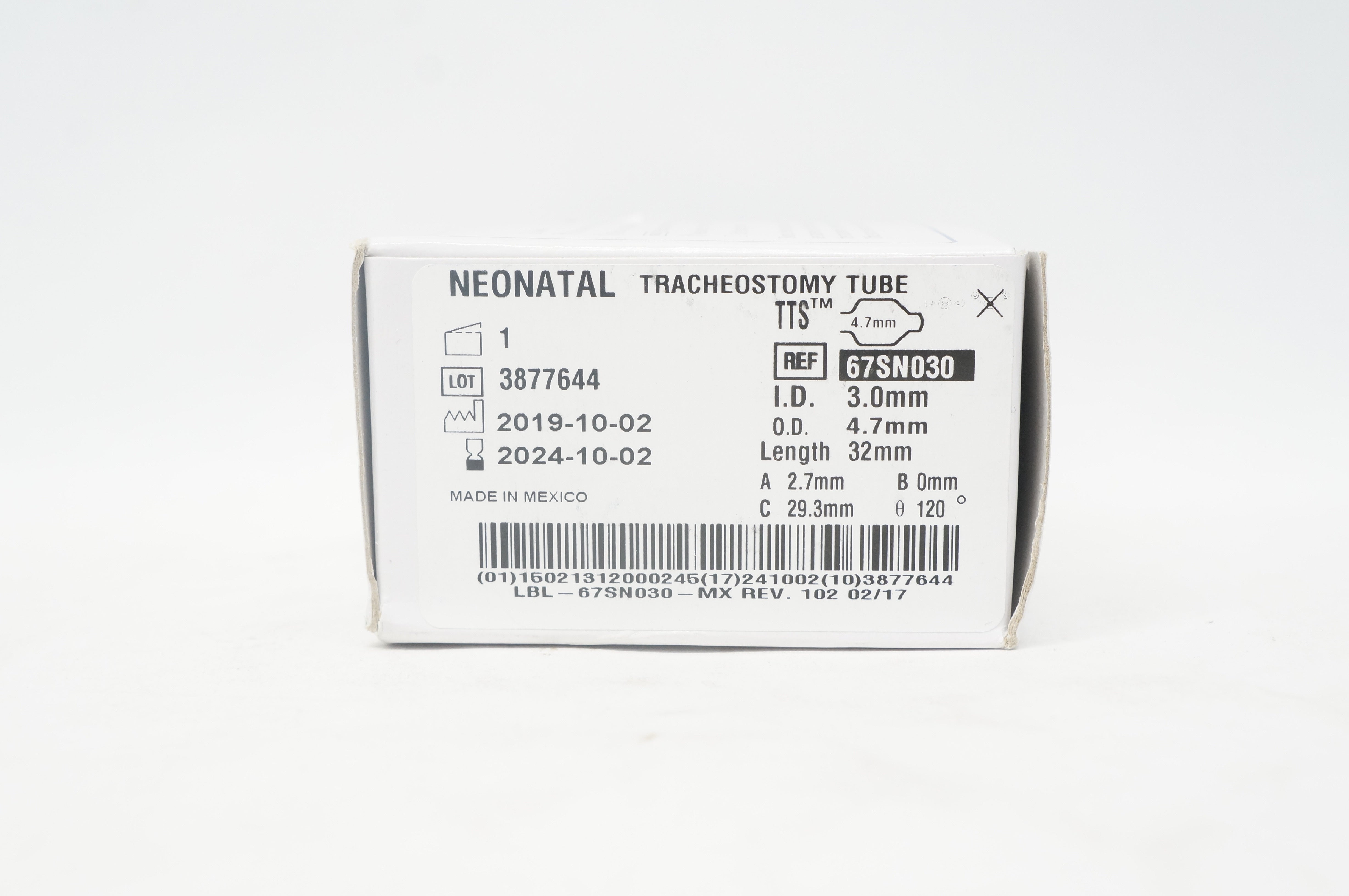 Smiths Medical 67SN030 Neonatal Tracheostomy Tube 3.0mm ID x 4.7mm OD x 32mm