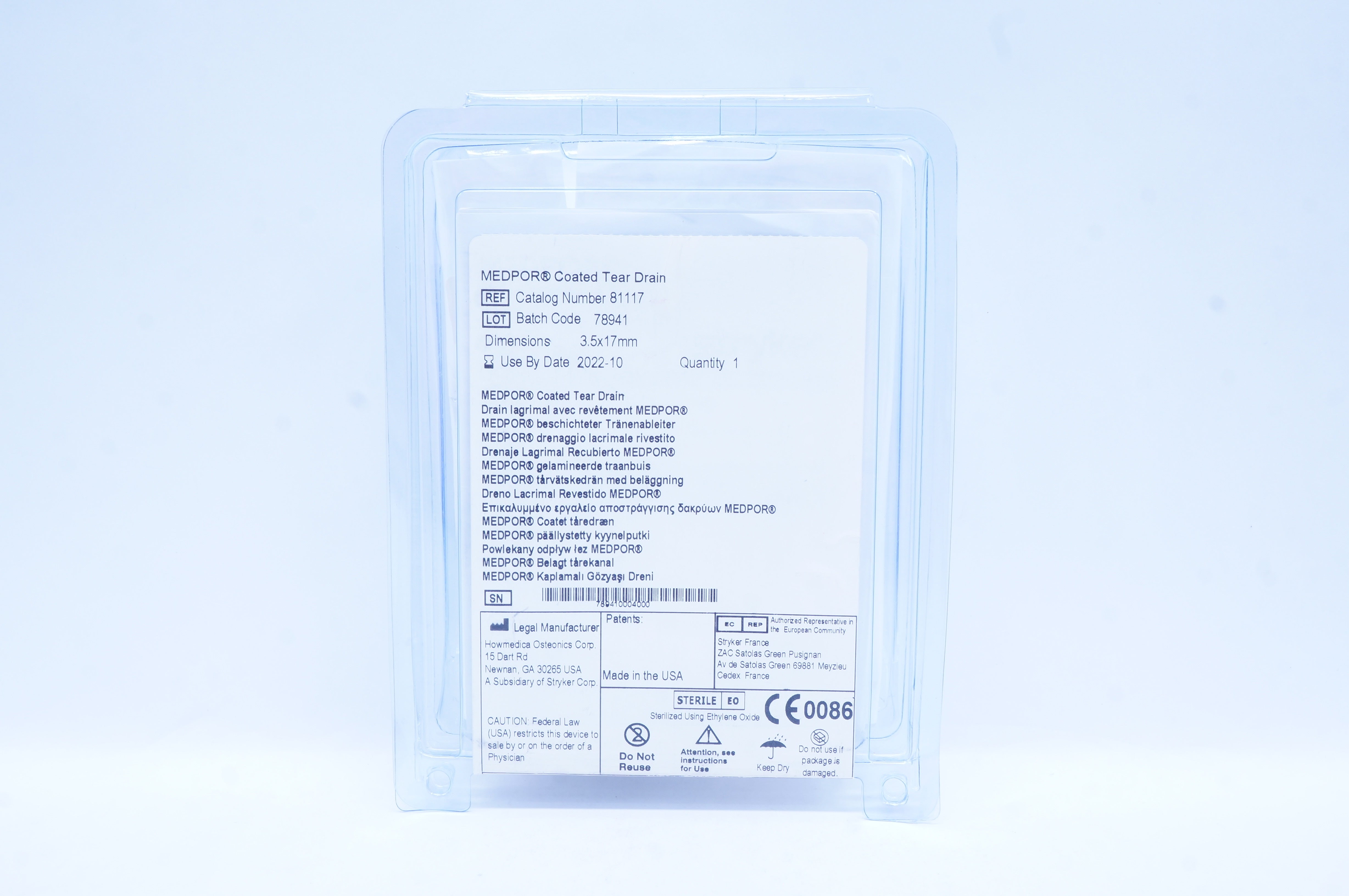 Stryker 81117 Medpor Coated Tear Drain 3.5mm x 17mm