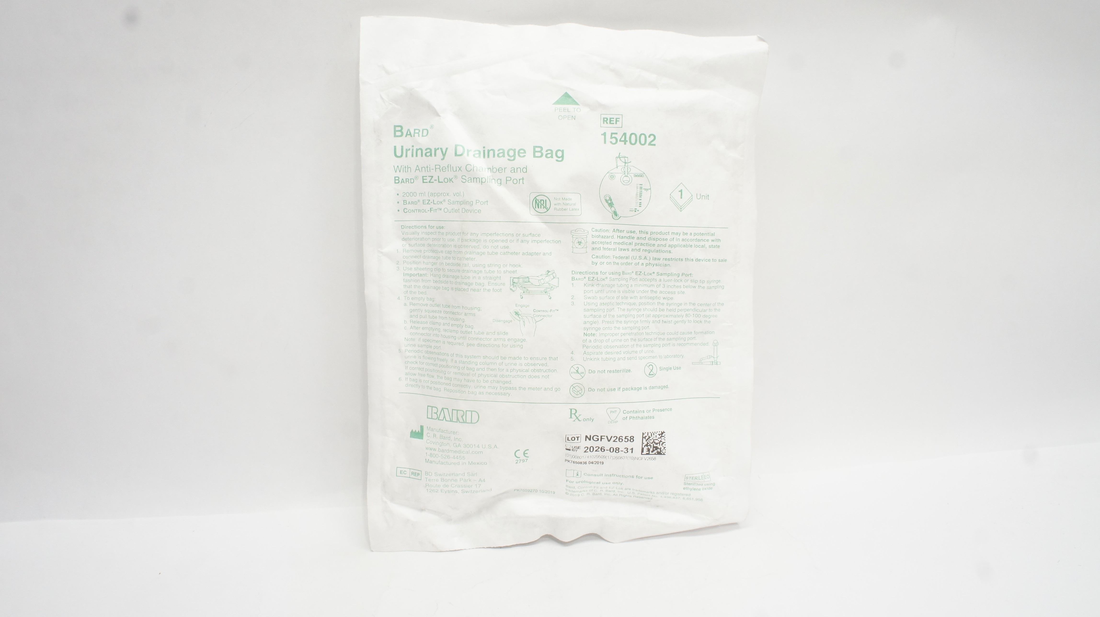 Bard 154002 Urinary Drainage Bag with Anti-Reflux Chamber & Sampling Port 2000ml