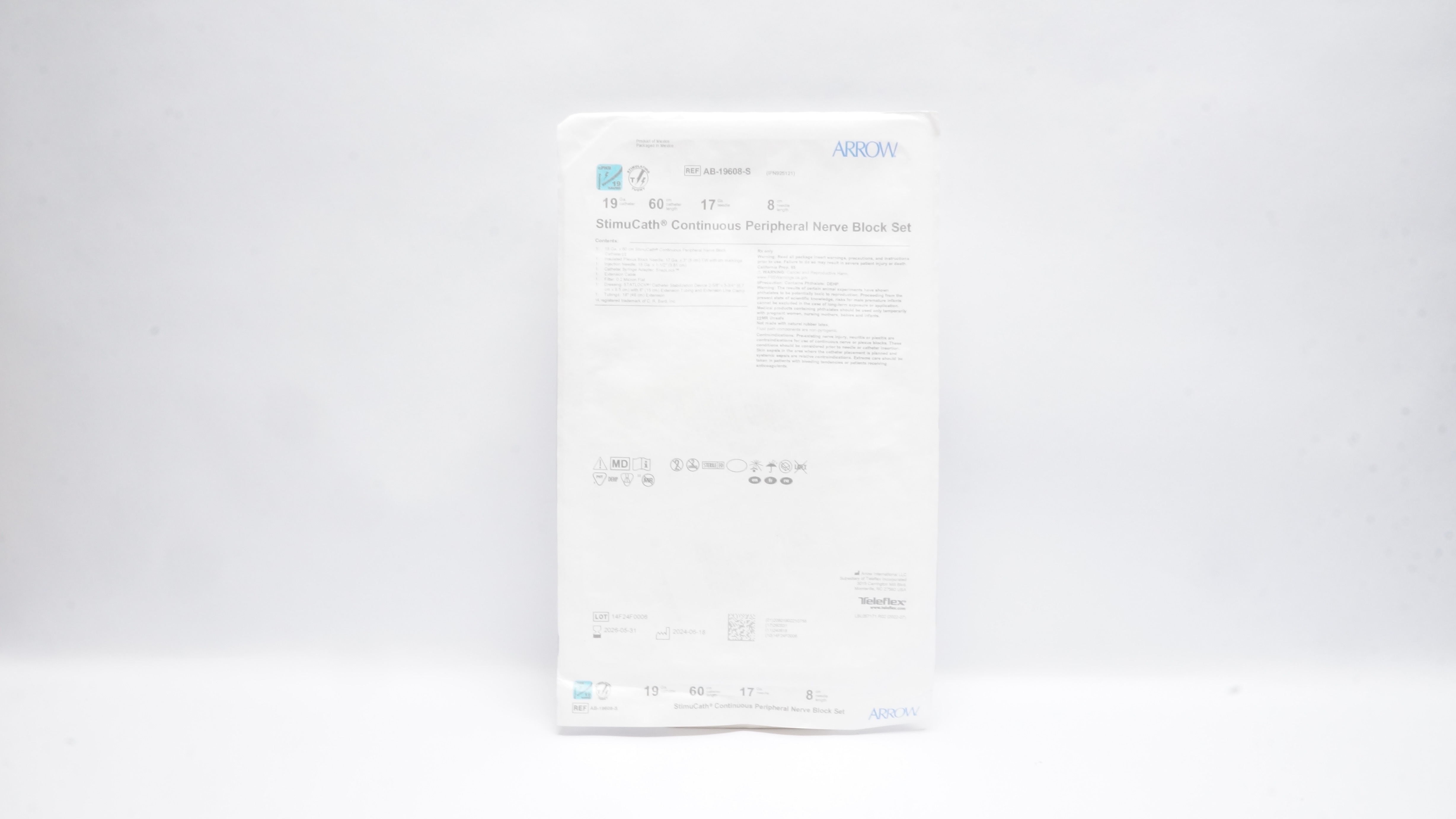 Arrow AB-19608-S StimuCath Continuous Nerve Block Set 19Ga x 60cm x 17Ga x 8cm
