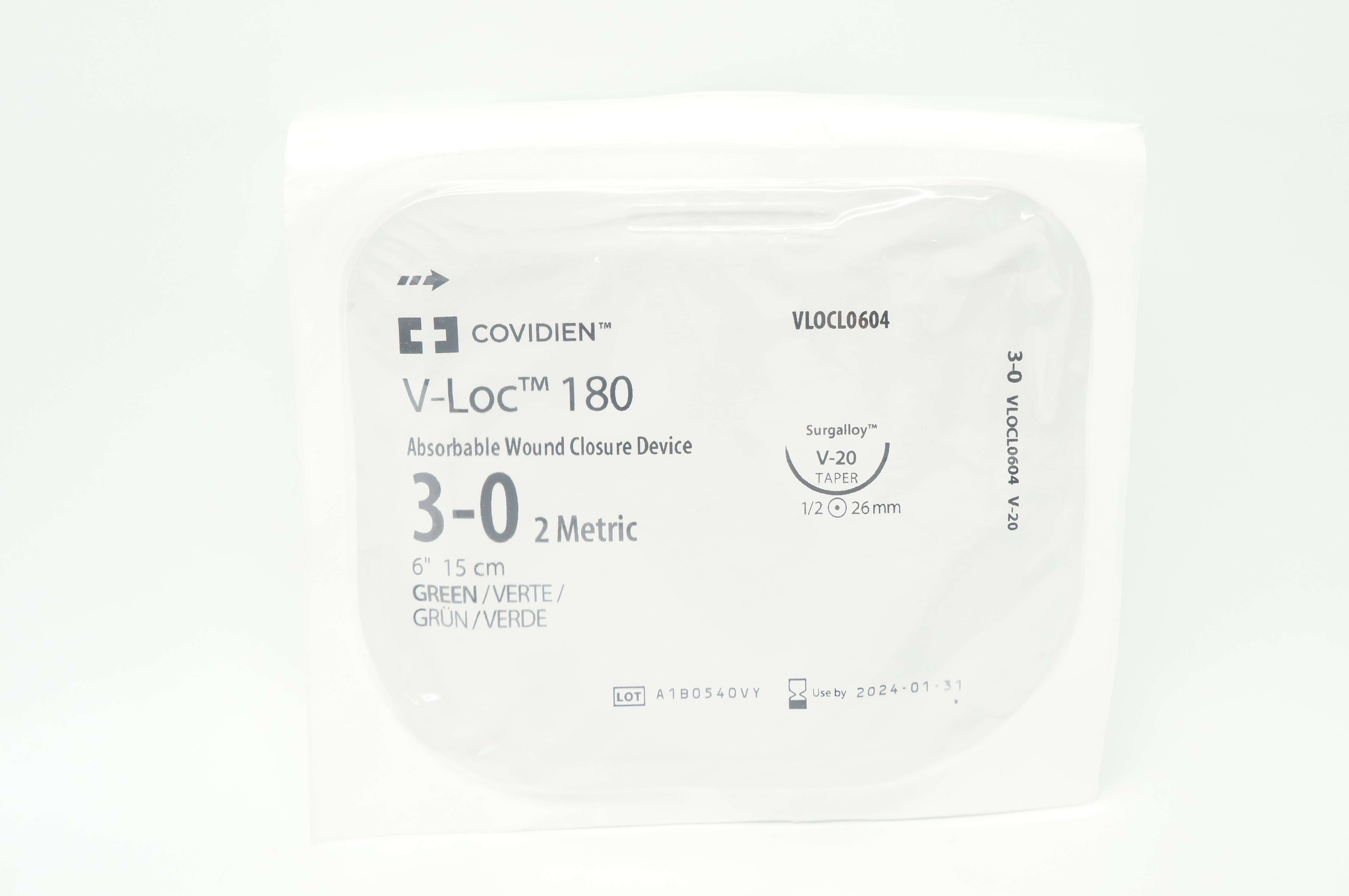 Covidien VLOCL0604 3-0 V-Loc 180 Wound Closure Device V-20 26mm 1/2c Taper 6inch