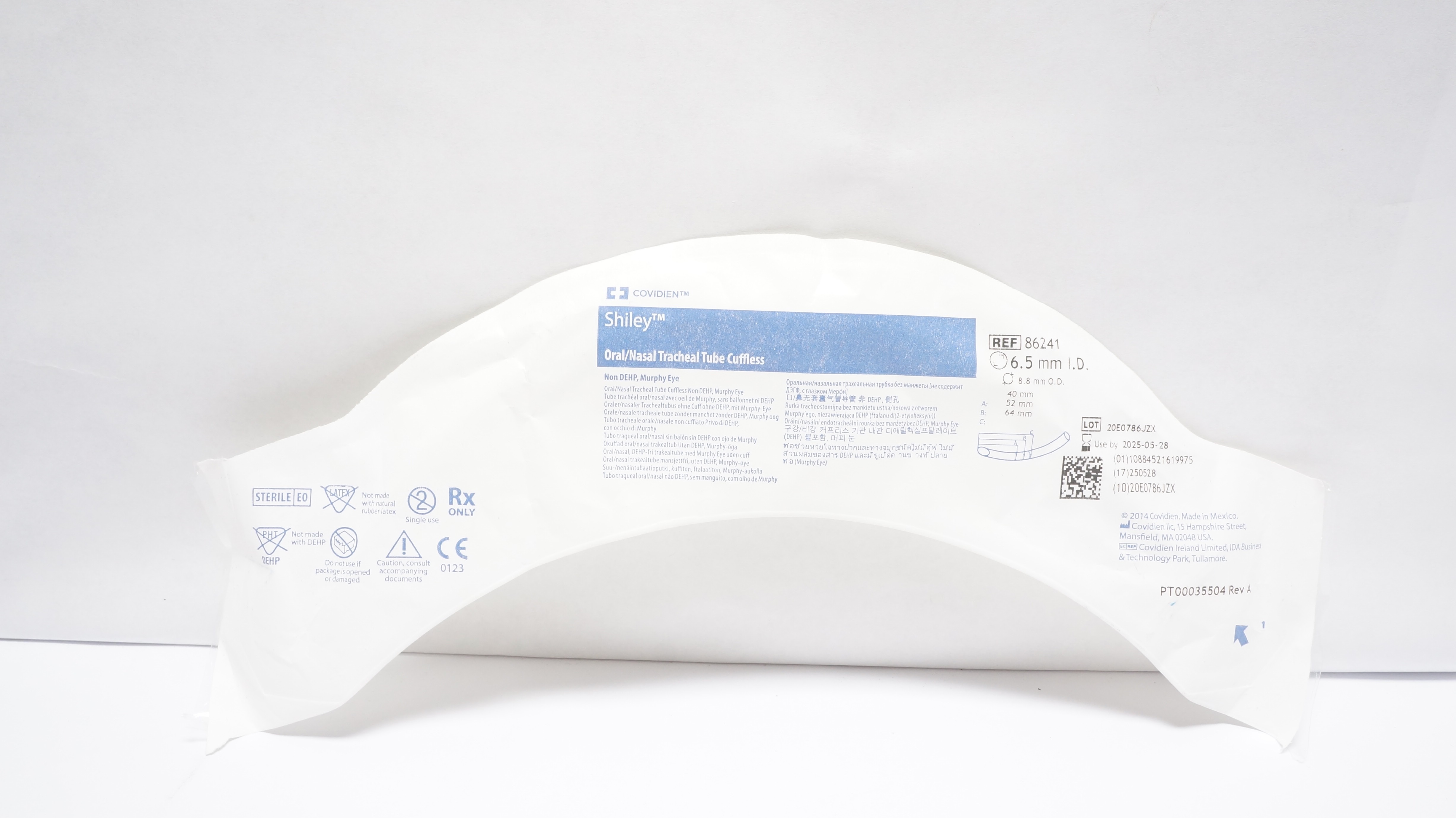 Covidien 86241 Shiley Oral/Nasal Tracheal Tube Cuffless 6.5mm ID x 8.8mm OD (x)