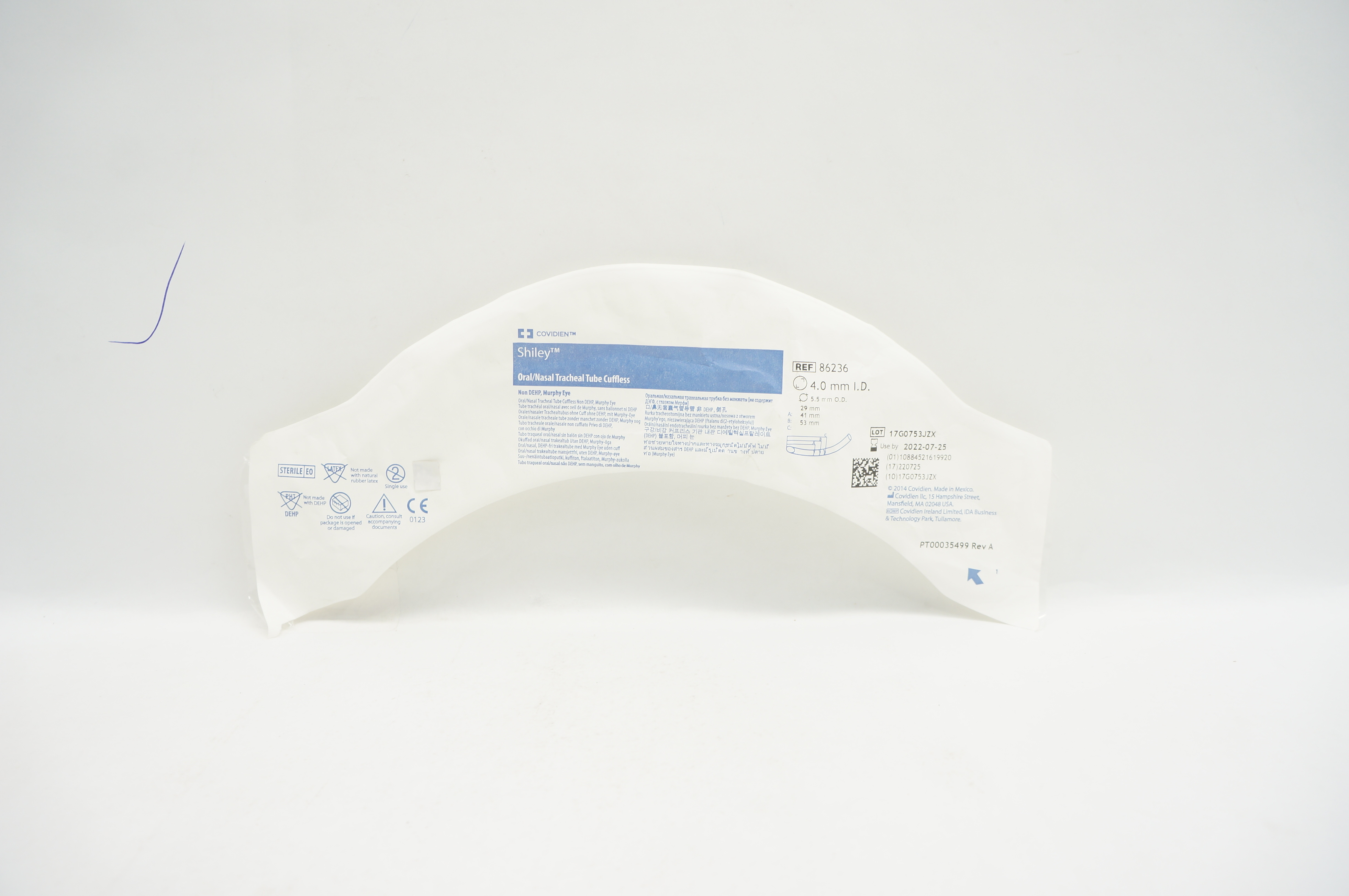 Covidien 86236 Shiley Oral/Nasal Tracheal Tube Cuffless 4.0m ID x 5.5mm OD (x)