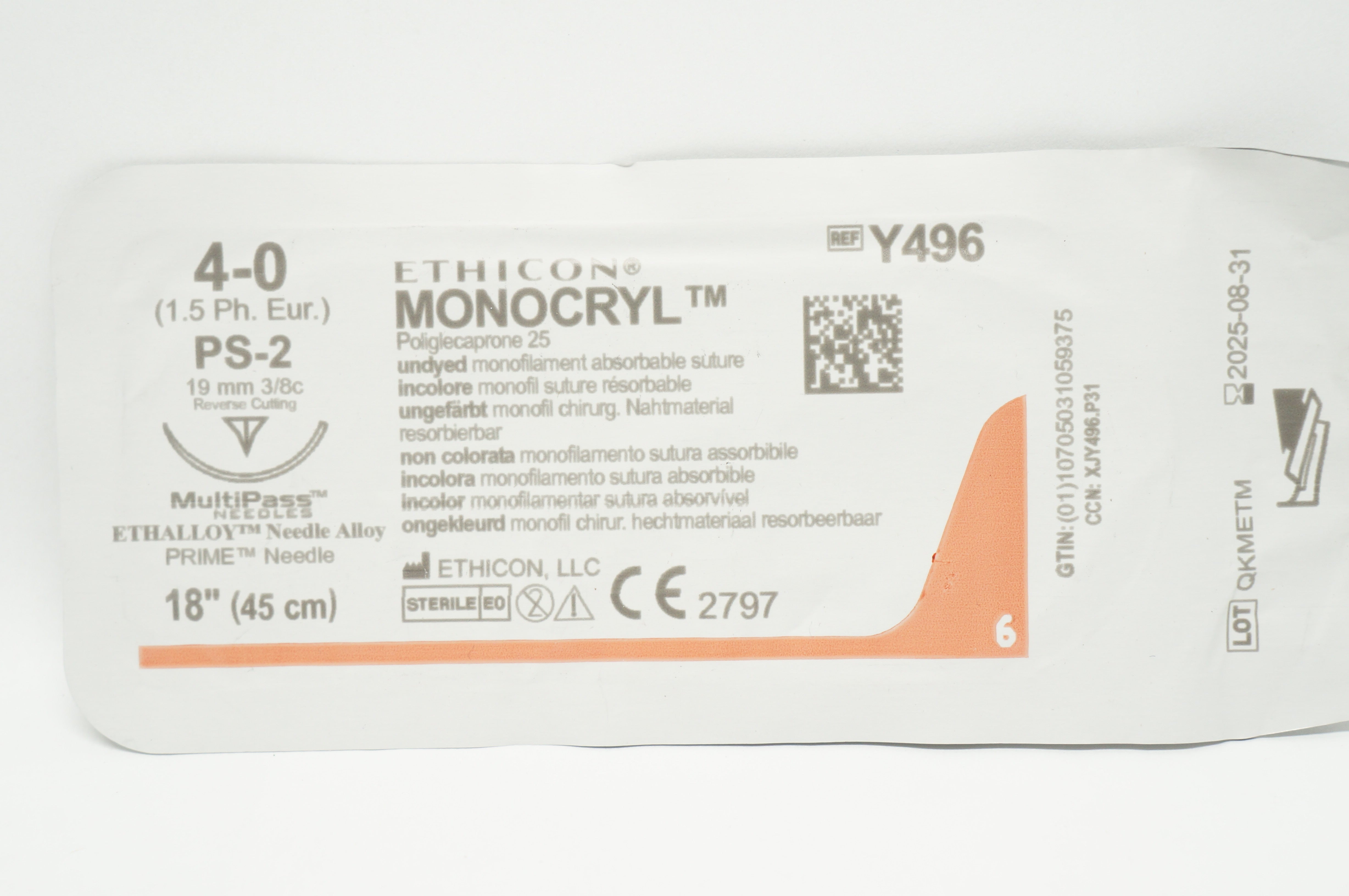 Ethicon Y496 4-0 Monocryl Undyed Stre PS-2 19mm 3/8c Reverse Cutting, 18 inch