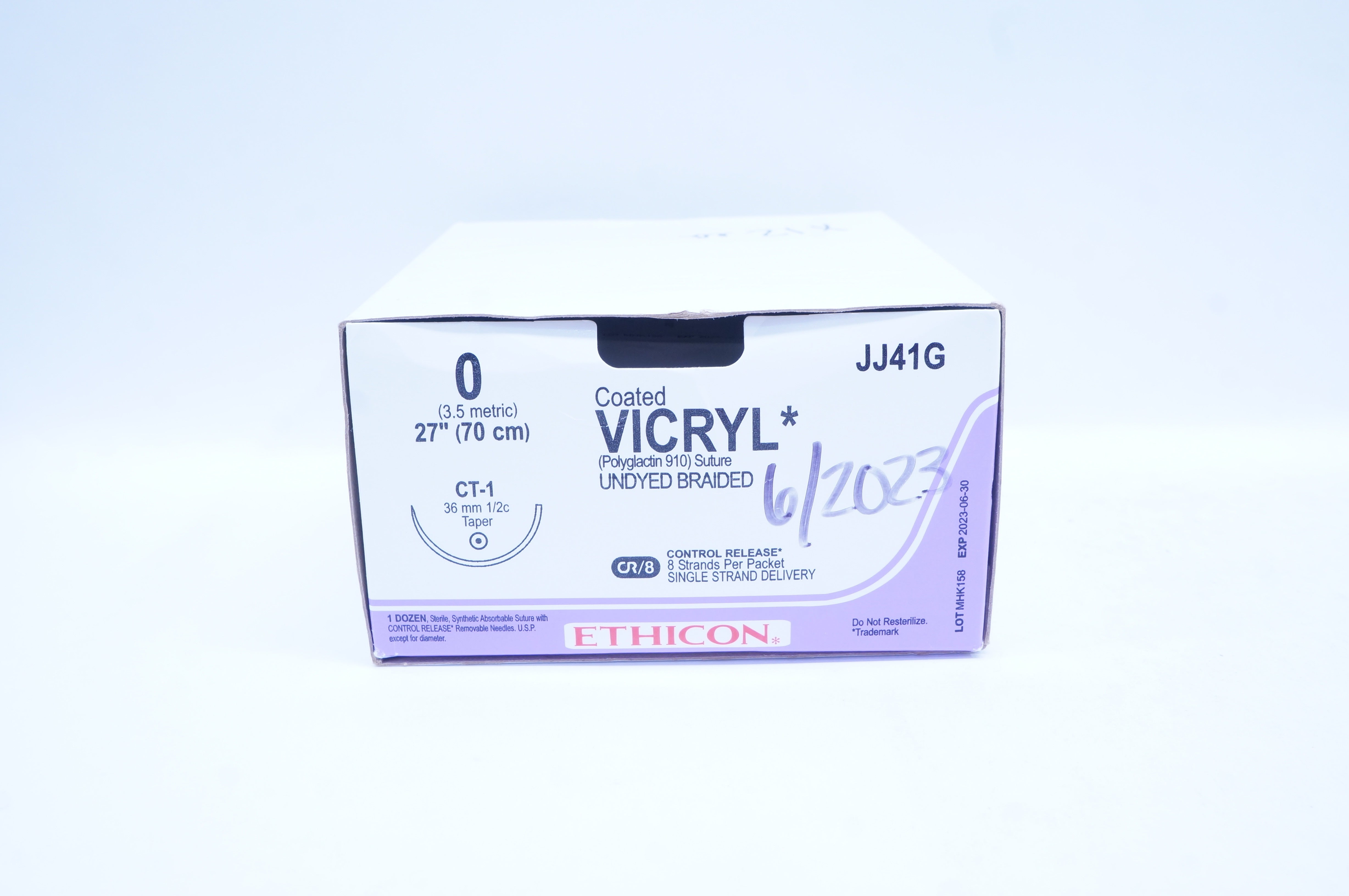 Ethicon JJ41G 0 Coated VICRYL CT-1 36mm 1/2c Taper, 27inch - Box of 12