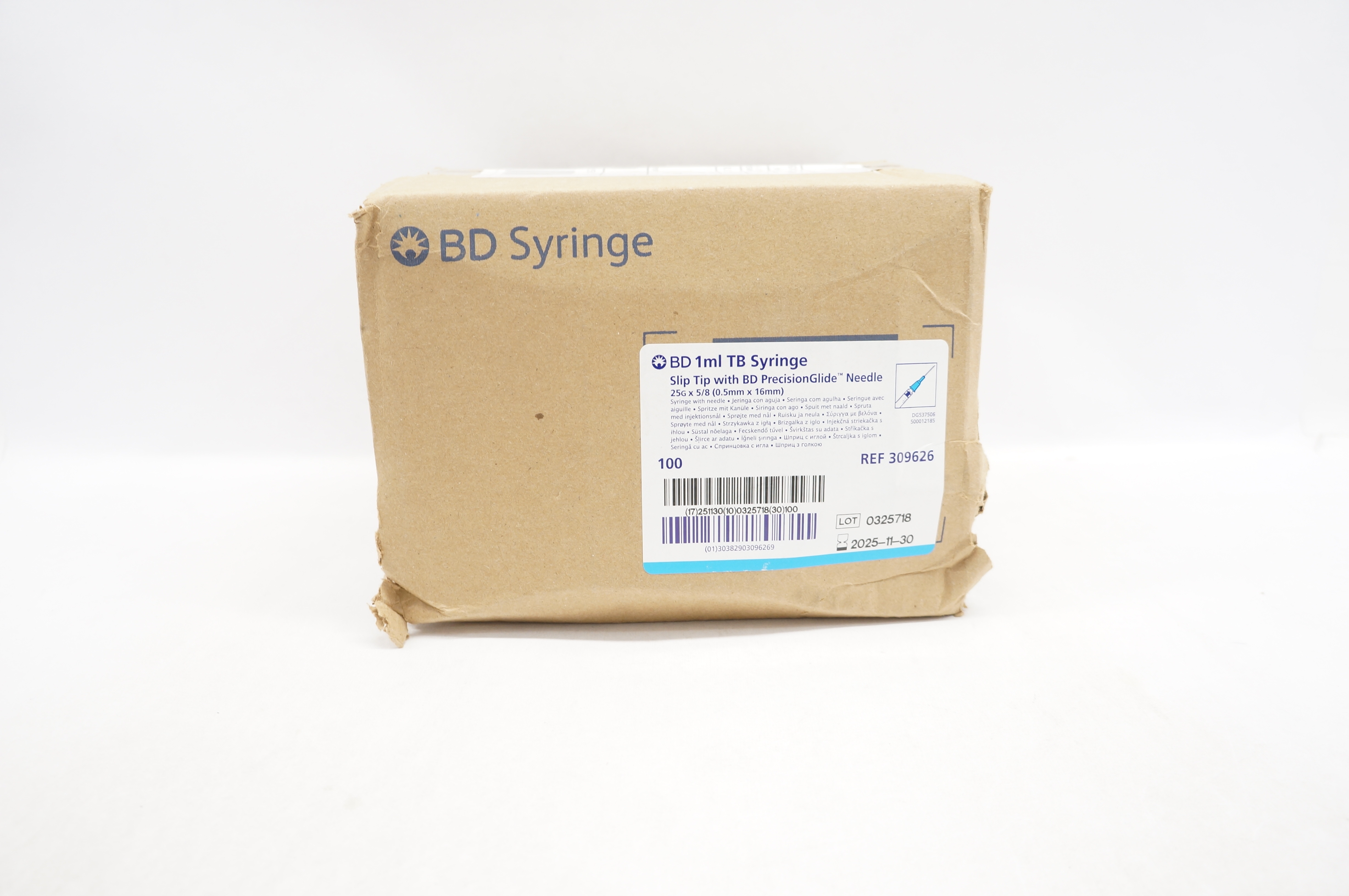 BD 309626 Slip Tip TB Syringe 1ml  25G x 5/8 inch - Box of 100