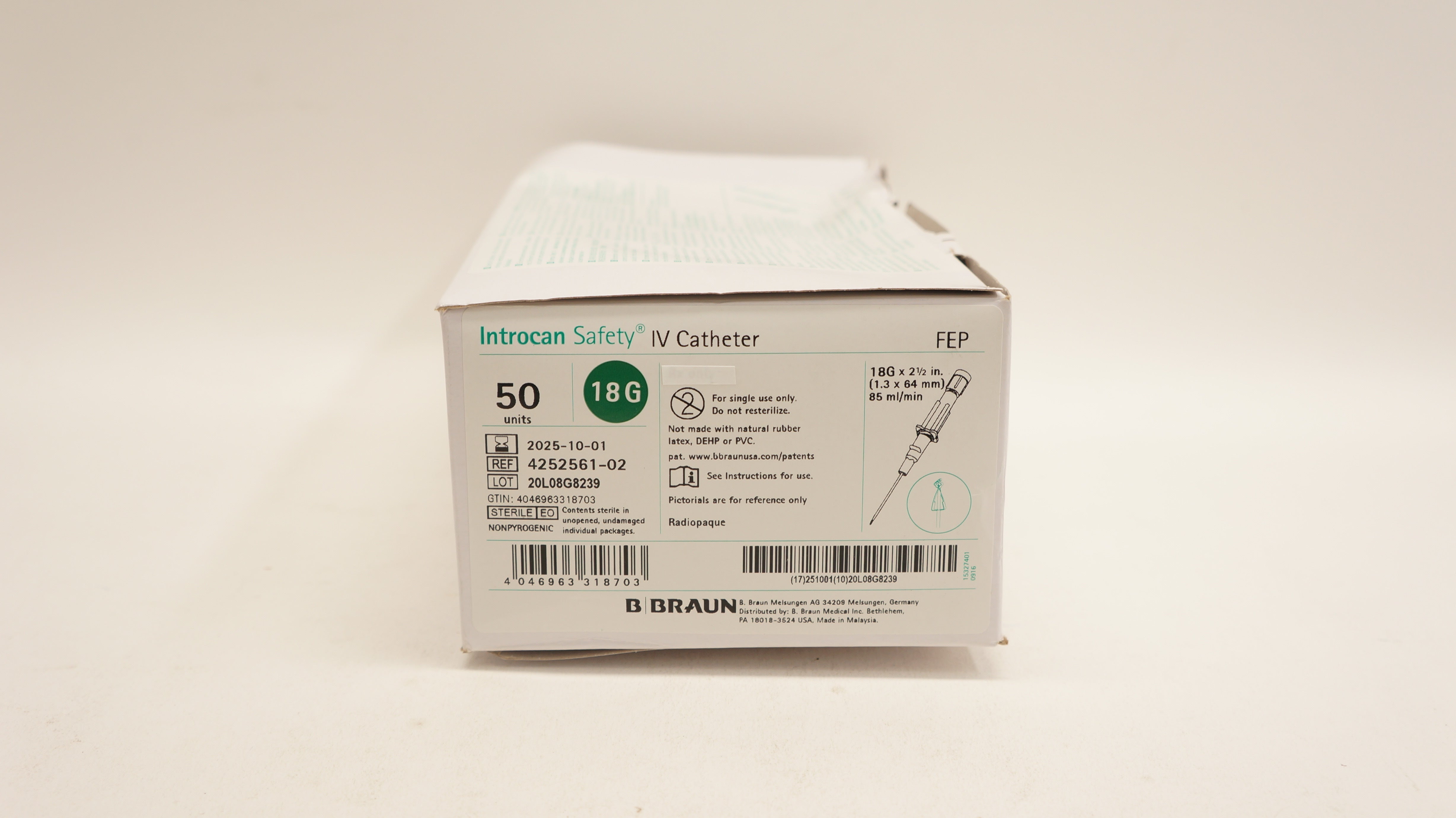Braun 4252561-02 Introcan Safety IV Cath. 18G x 2-1/2inch 85ml/min - Box of 50
