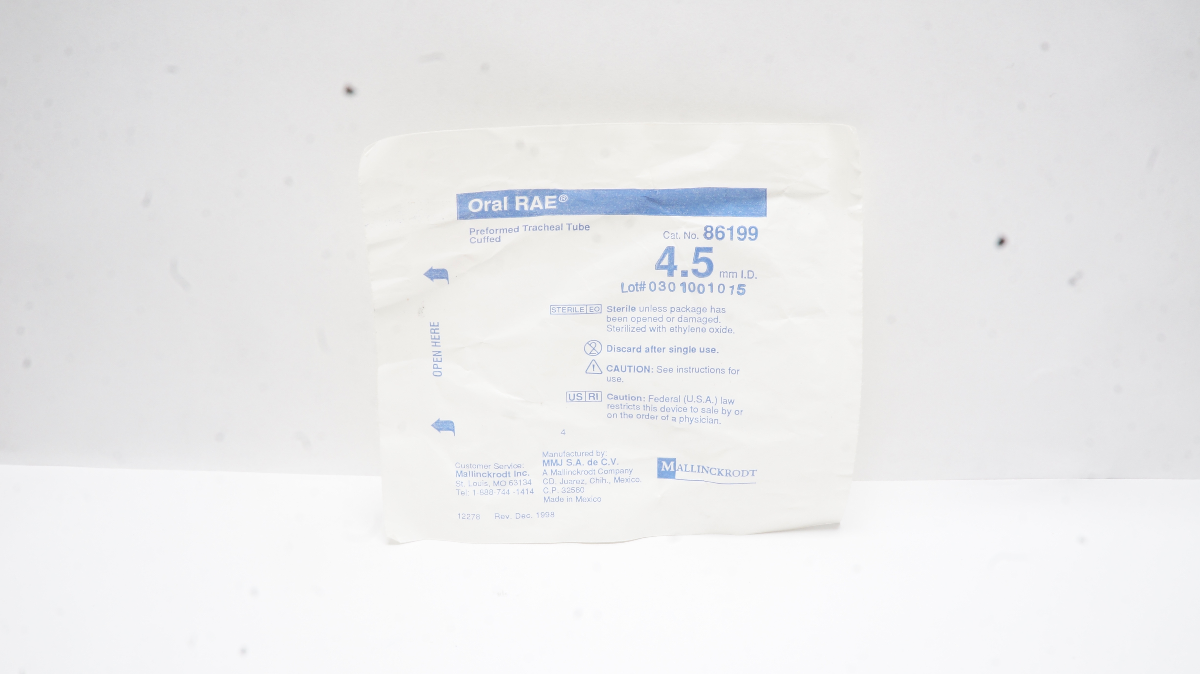 Mallinckrodt 86199 Oral RAE Tracheal Tube Cuffed 4.5 x 6.1mm