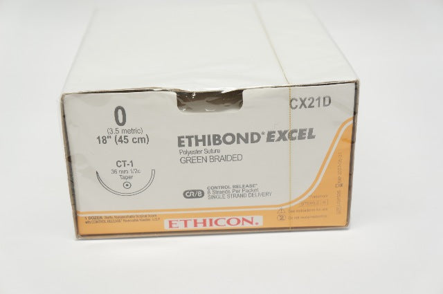 Ethicon CX21D Ethibond Excel 0, CT-1, 36mm 1/2c Taper 18inch (x) - Box of 12