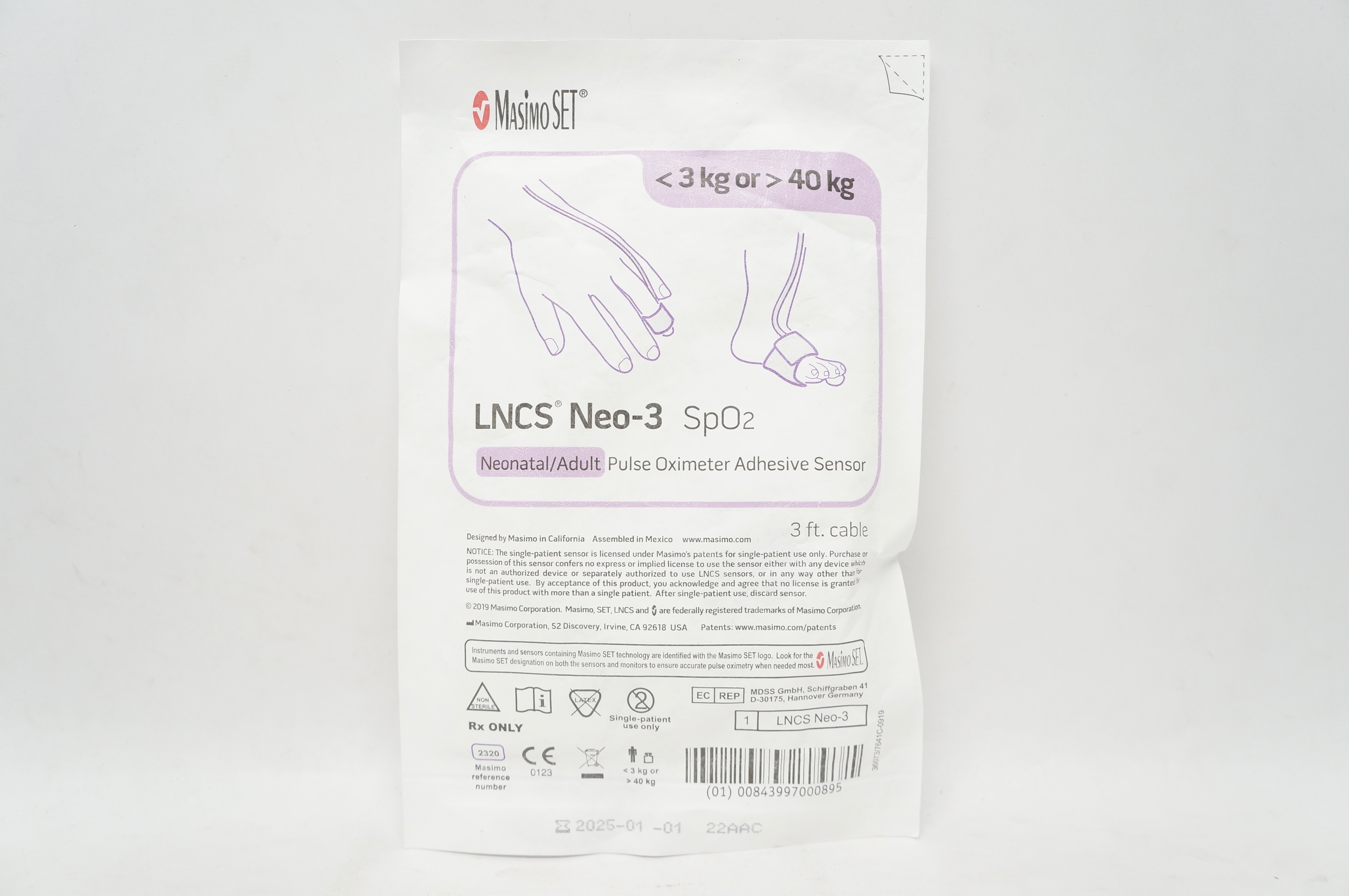 MasimoSet 2320 LNCS Neo-3 SpO₂ Pulse Oximeter Adhesive Sensor, <3kg or > 40kg