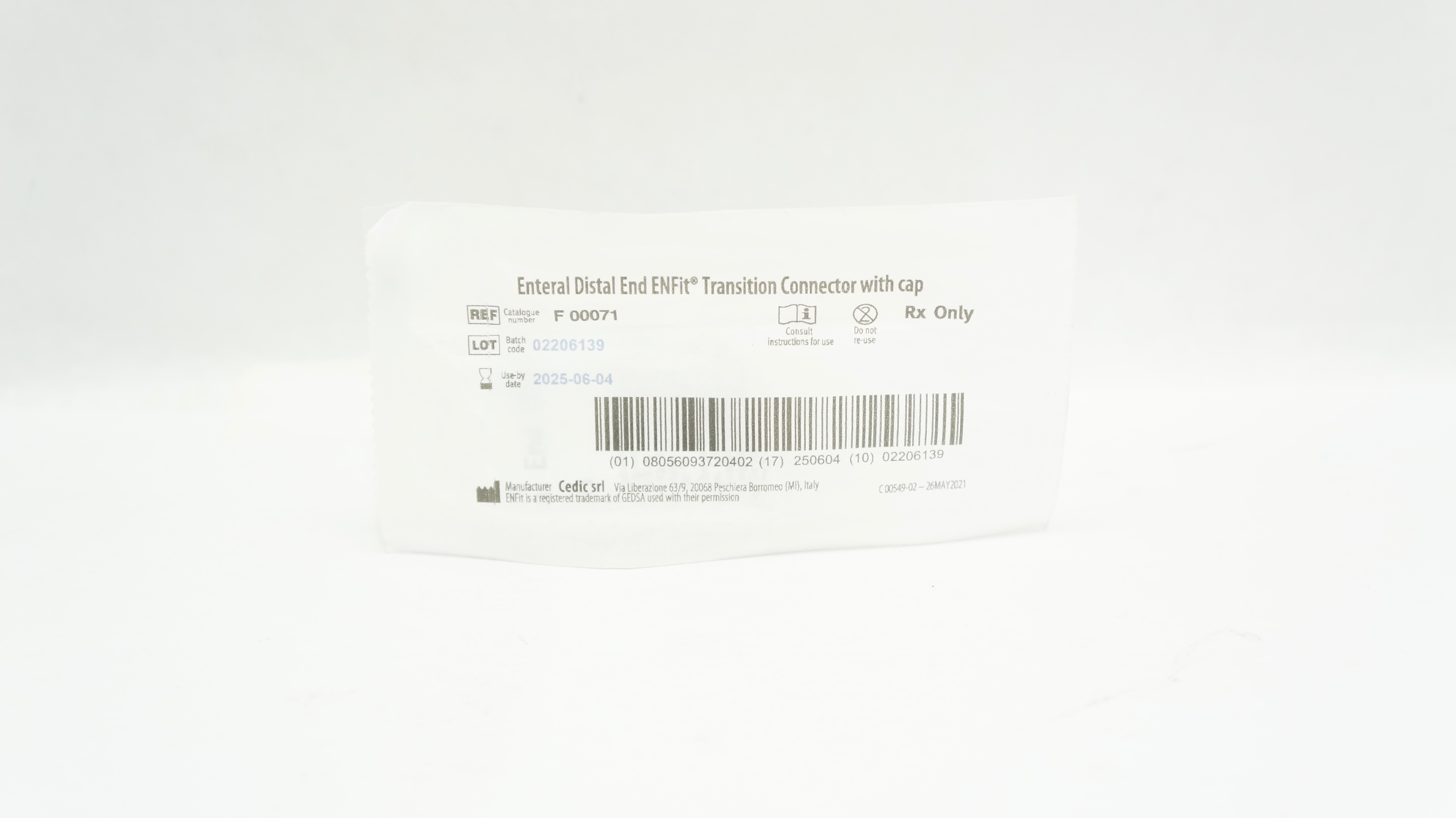 Cedic SRL F 00071 Enteral Distal End ENFit Transition Connector w/Cap