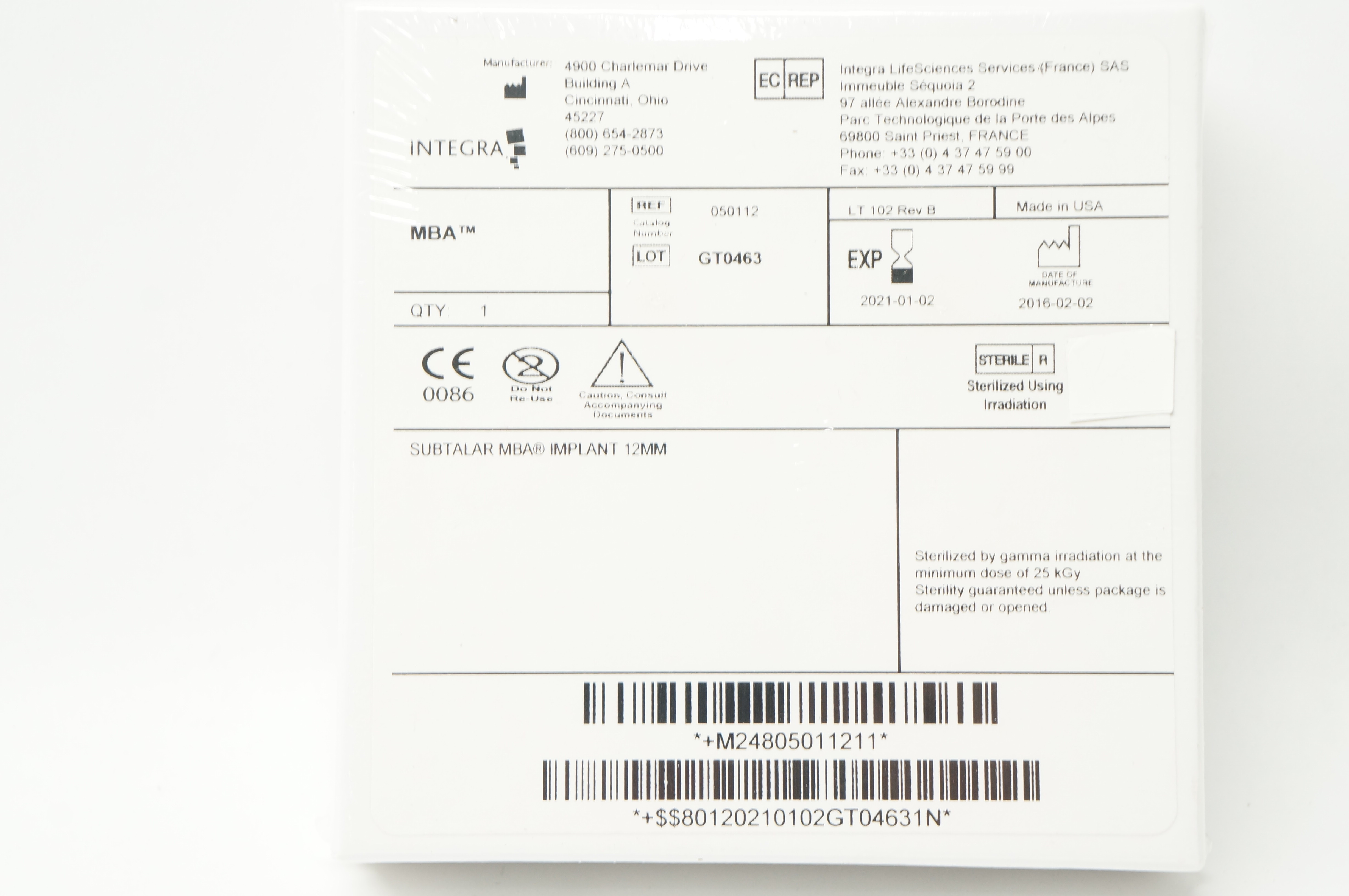 Integra 050112 Subtalar MBA, Implant 12mm (x)
