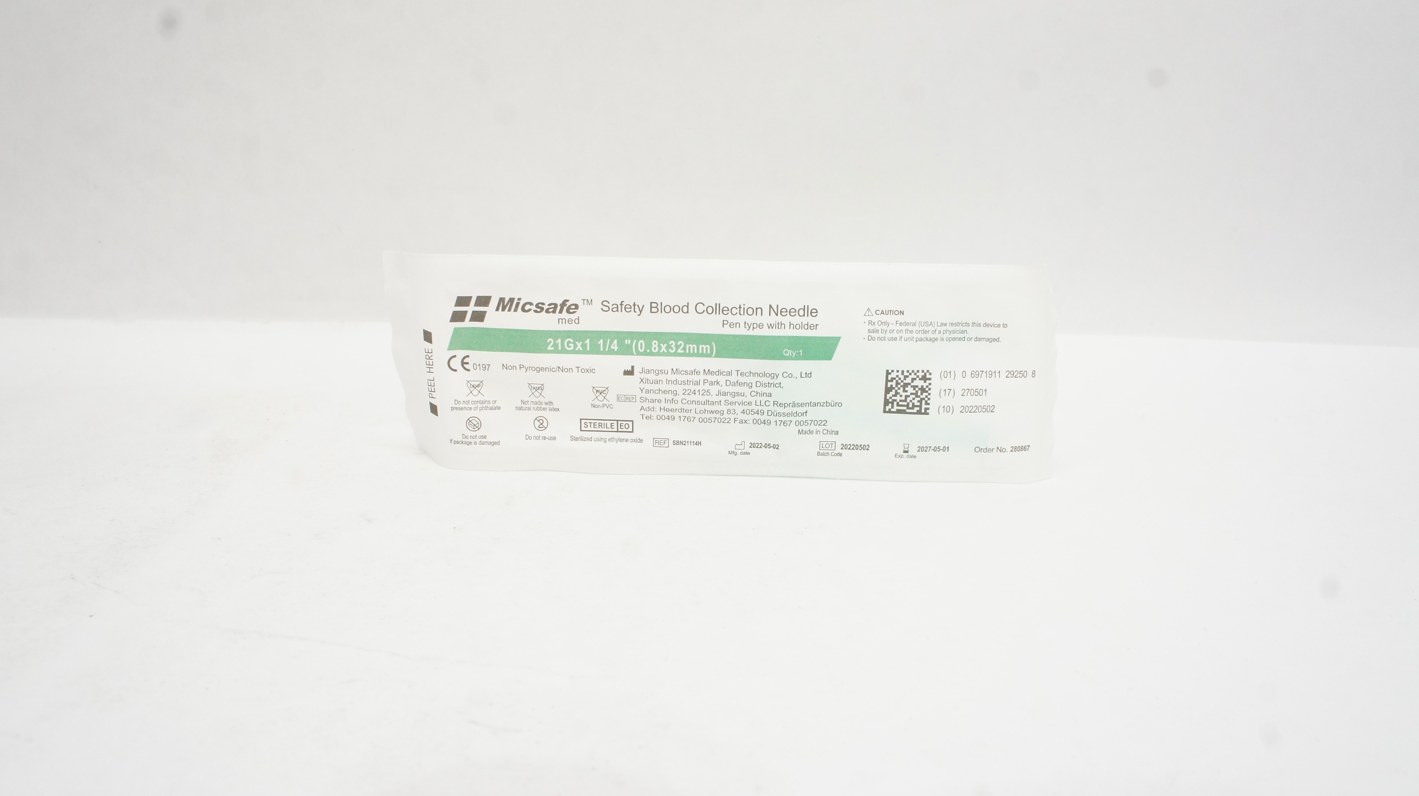 Jiangsu Micsafe SBN21114H Safety Blood Collection Needle 21G x 1 1/4In
