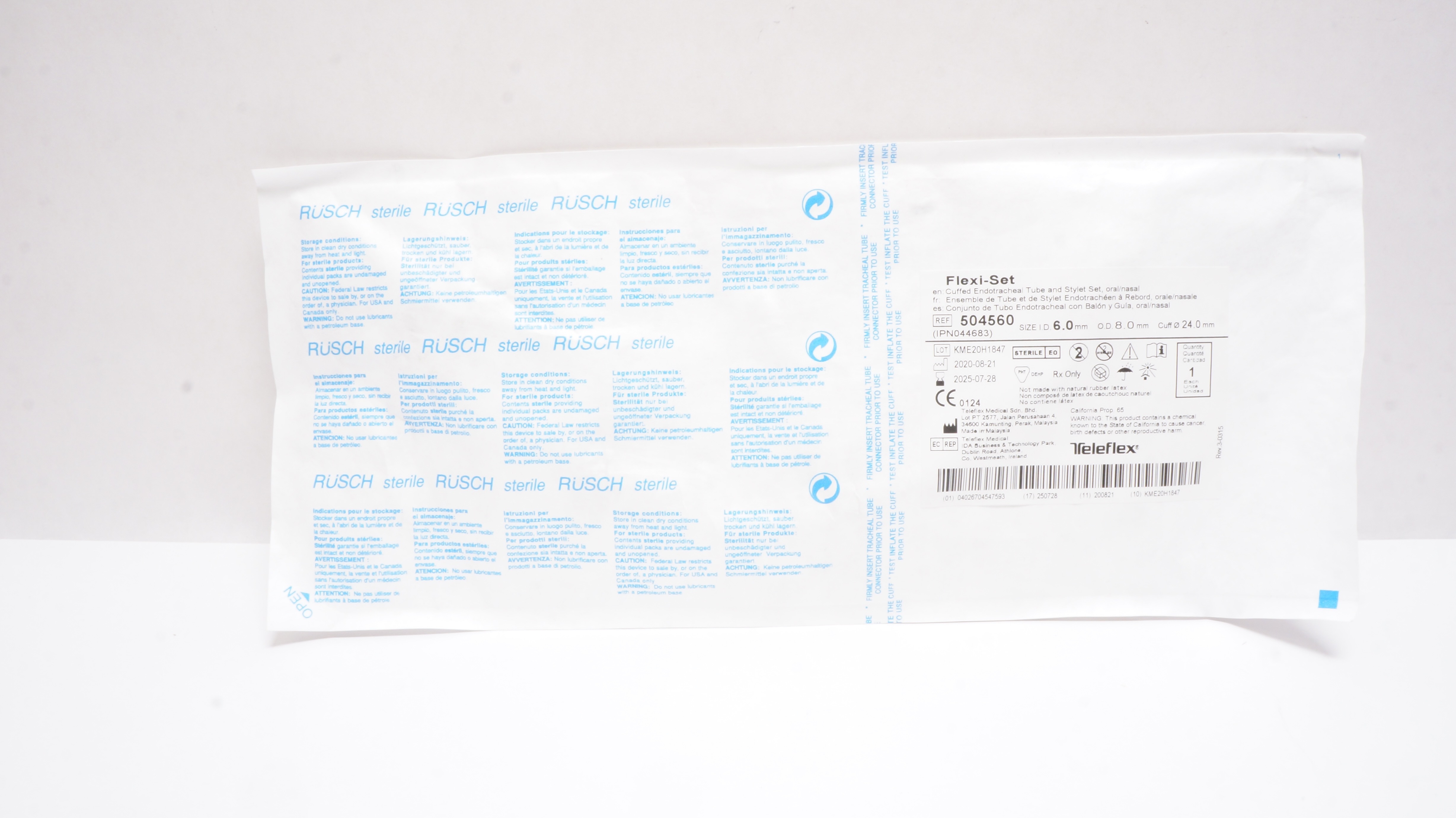 Teleflex 504560 Cuffed Endotracheal Tube Stylet Set 6.0 ID x 8.0OD x 24.0mm