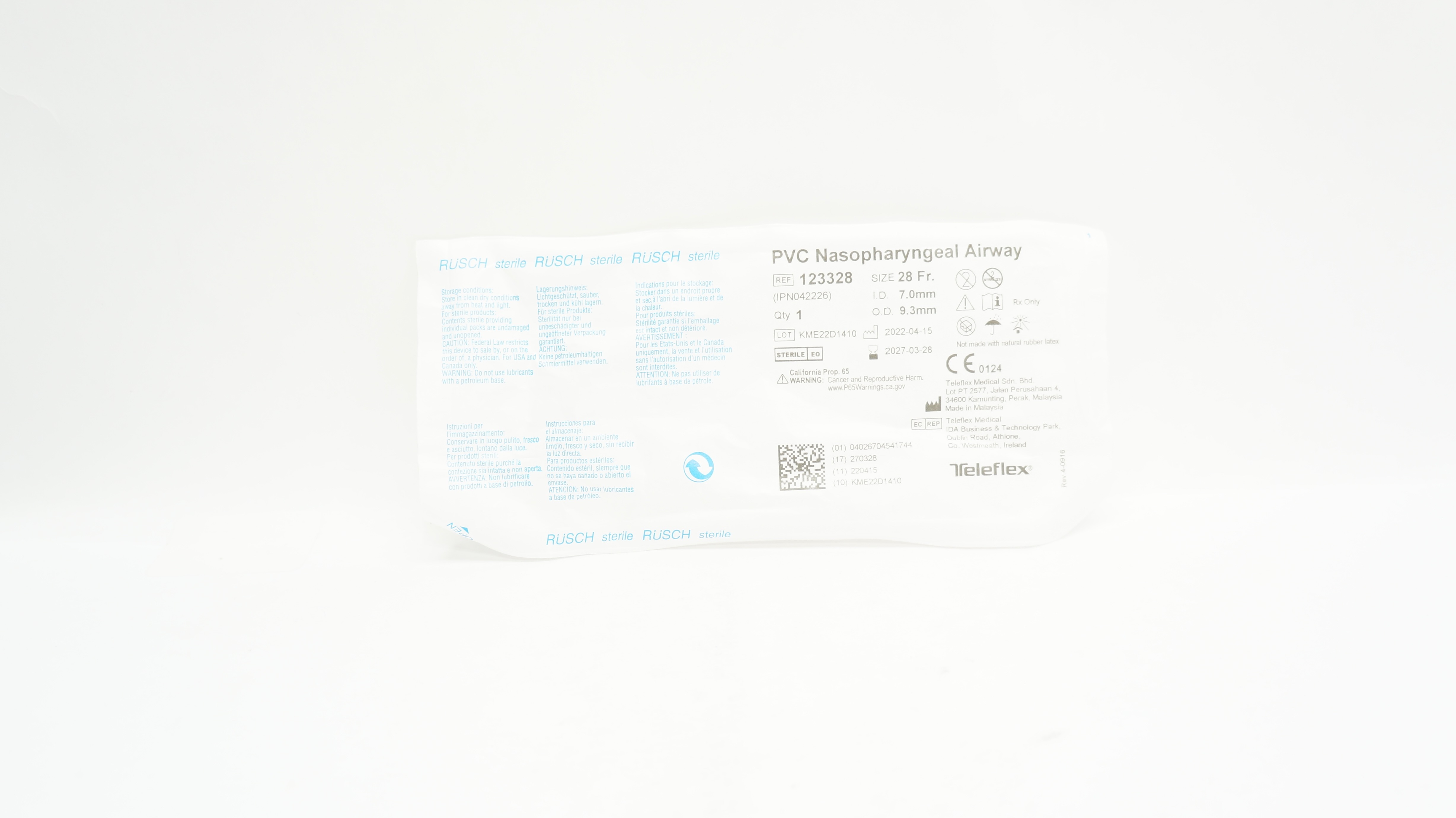 Teleflex 123328 Rusch PVC Nasopharyngeal Airway 28Fr. x ID 7.0mm x OD 9.3mm